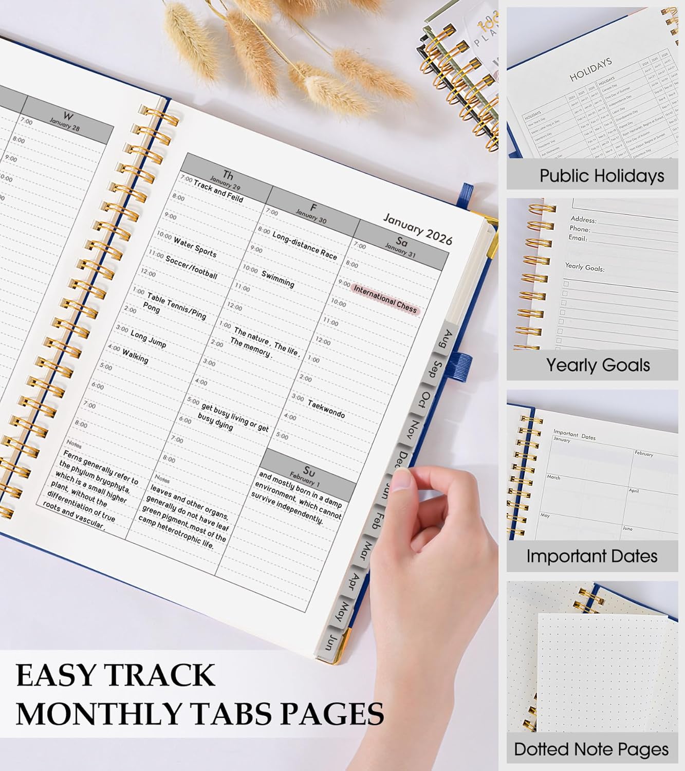 2026 Planner, Weekly and Monthly Calendar Planner from January 2026 - December 2026, 8.5" x 11" Hardcover Leather Hourly Appointment Book with Tabs, Spiral Daily Planners for College School Work Home, Navy