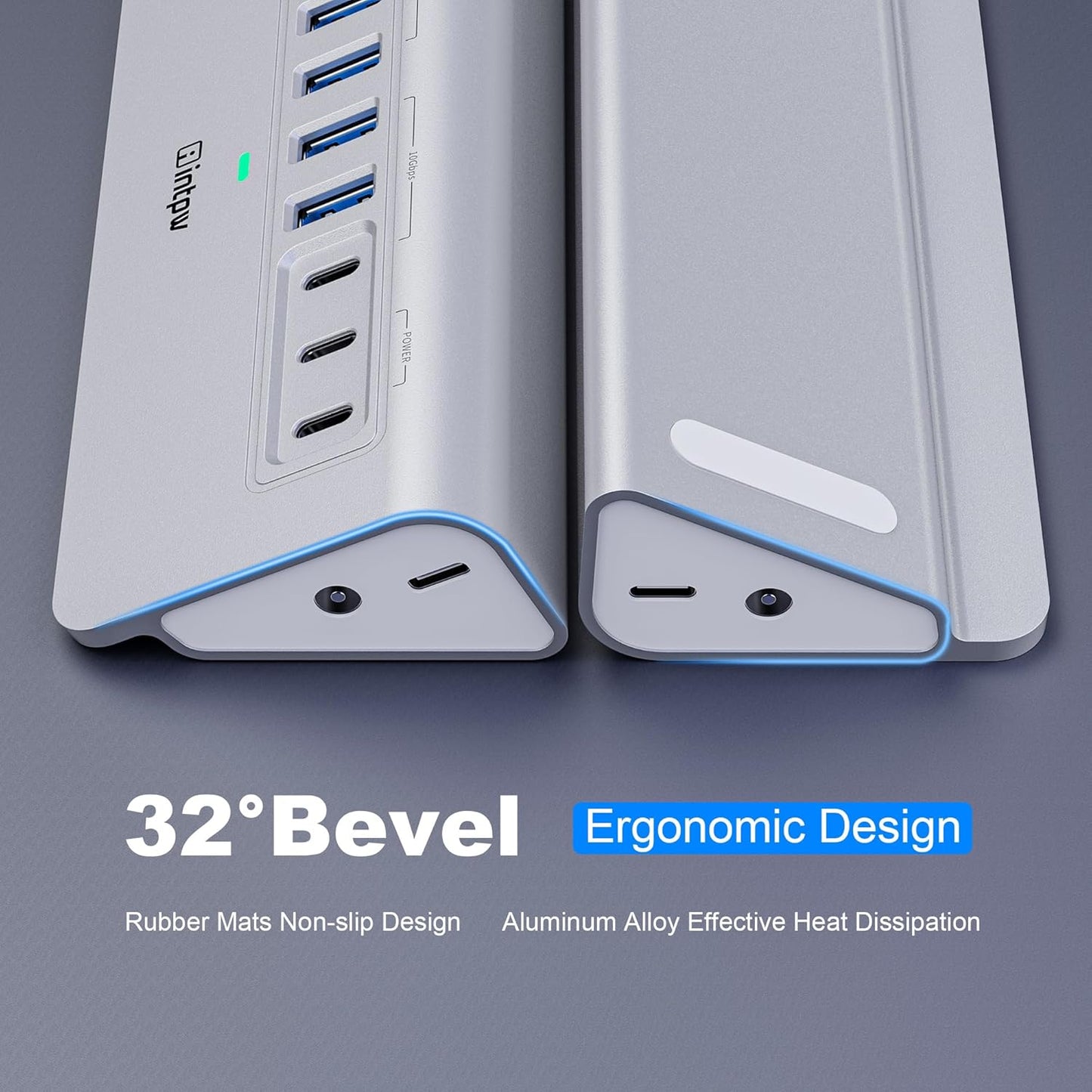 Powered USB Hub 10Gbps, intpw 9-Port USB 3.2 Hub, USB C Hub with USB A/USB C 3.2, 4 USB 3.0, 2 PD 45W Charging Ports, 65W Power Adapter and 3.3FT Cable, Aluminum USB Hub for Laptop, iPhone 16/15, PC