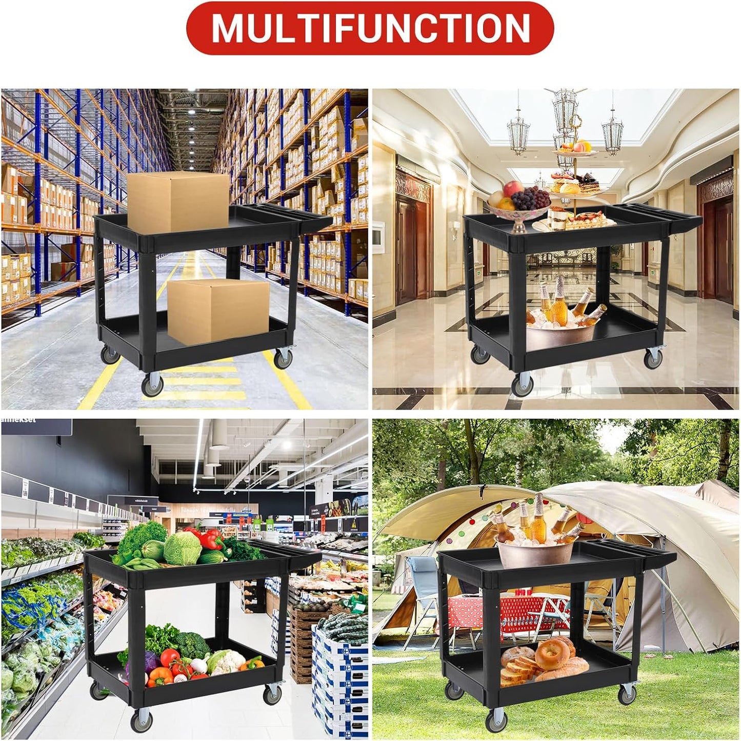 Utility Service Cart with Wheels and Two Trays, Service Cart 2-Shelf 500lbs, Rolling Utility Cart for Warehouse/Garage/Cleaning/Manufacturing, 2 Tier Heavy Duty Uline Tool Cart, 45"X25", Black