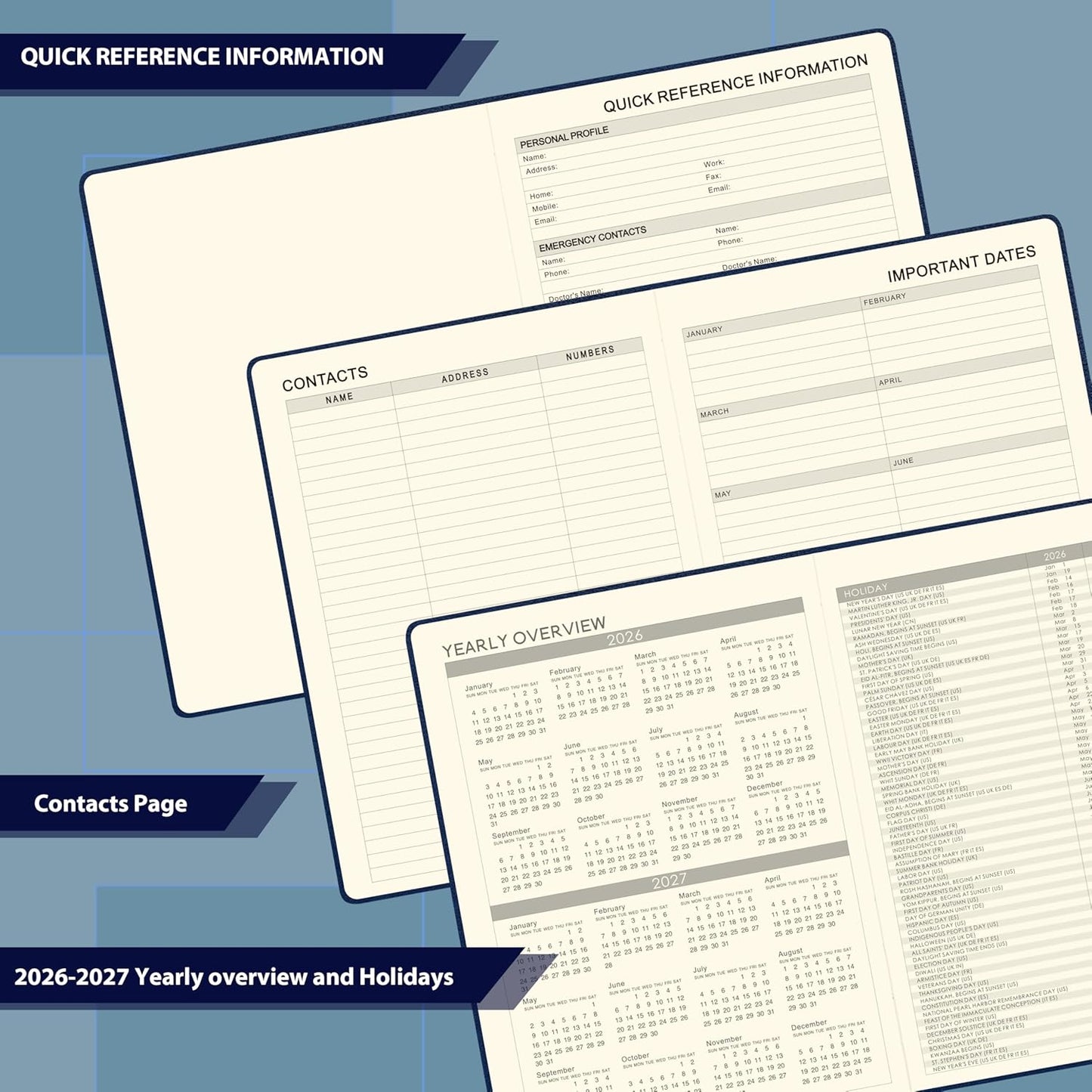 2026-2027 Planner - Planner 2026-2027, 8.5"x11", July 2026 - June 2027, Leather Calendar Weekly and Monthly Planner 26-27, Leather Hardcover, Pen Loop, Elastic Closure, Pocket - Navy