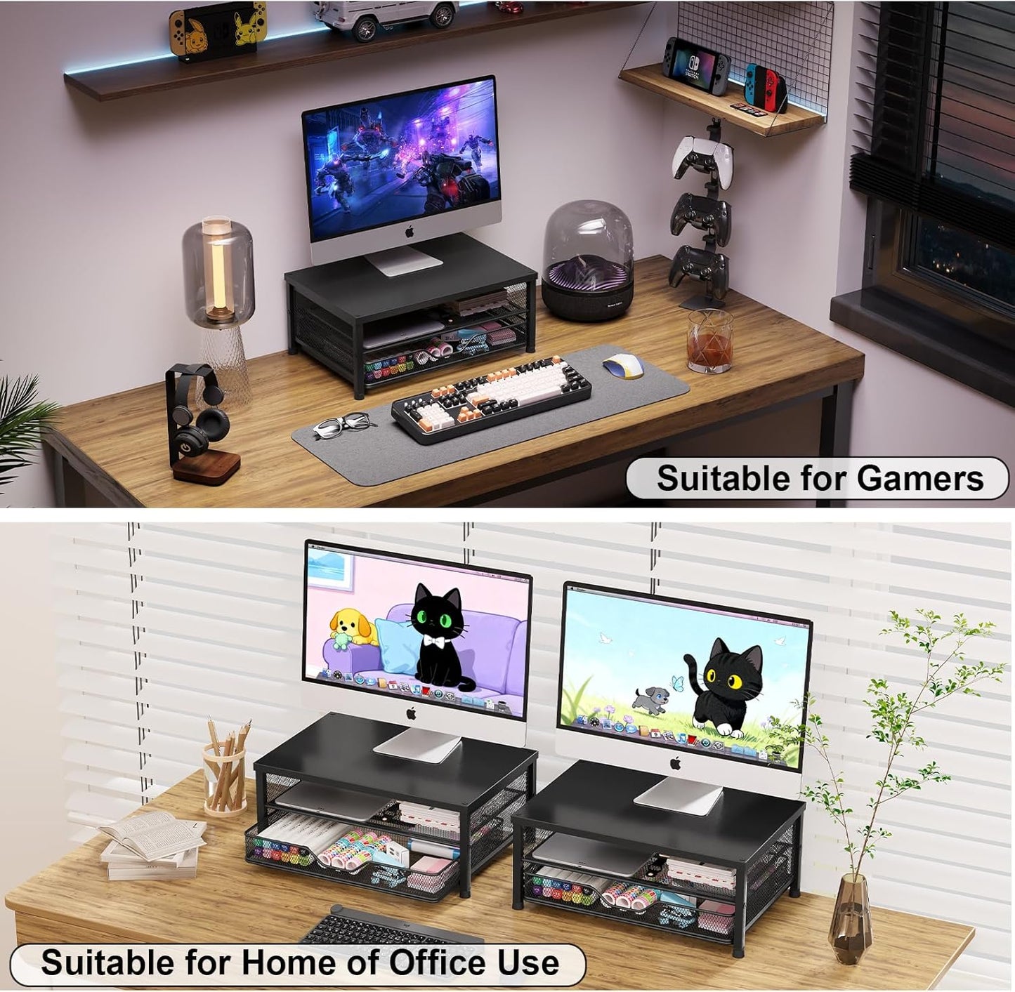 OPNICE Computer Monitor Stand Riser, Desk Organizer with Drawer, Printer & Laptop Stand, Office Desk Accessories & Workspace Desktop Organizers Storage for Office Supplies(Black)