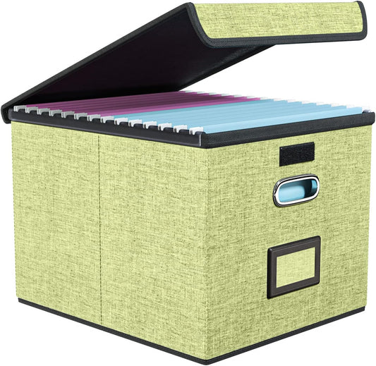 Huolewa Decorative File Organizer Storage Box with Lid, Linen Hanging Filing & Storage Box with Plastic Slide for Office/Decor/Home, Universal Hanging Filing Organization Box for Letter/Legal Folder
