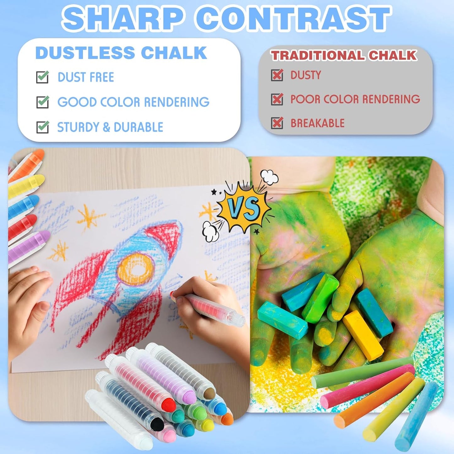 Dustless Chalk for Kids - 12 PCS Colored Non-toxic Twistable Sidewalk Chalk with Holder, Dust-free Washable Toddler Chalk, Art Tool for Children Outdoor Blackboard Drawing Writing (Plastic Box-Packed)