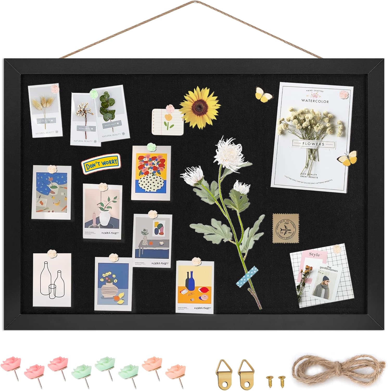 Black Cork Board Bulletin Board 16.7" x 11", Small Linen Corkboards with Frame for Walls, Cute Picture Display Pin Board Vision Board for Room School Office Bedroom 8 Pushpins - Lumora Desk