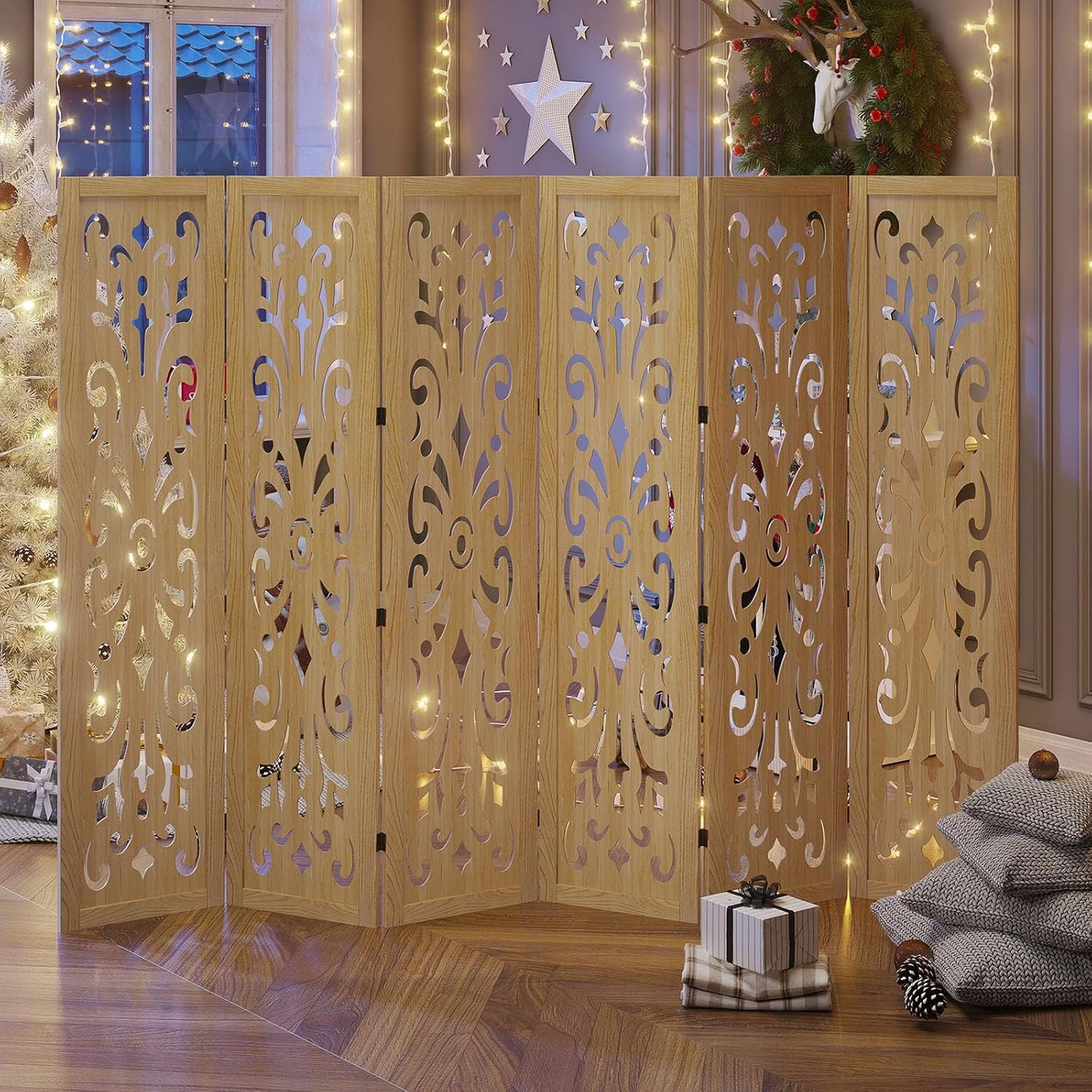 5.6Ft Room Divider Folding Wood Classical Carved Partition Screen for Home Office Garden - 6 Panels (Natural)
