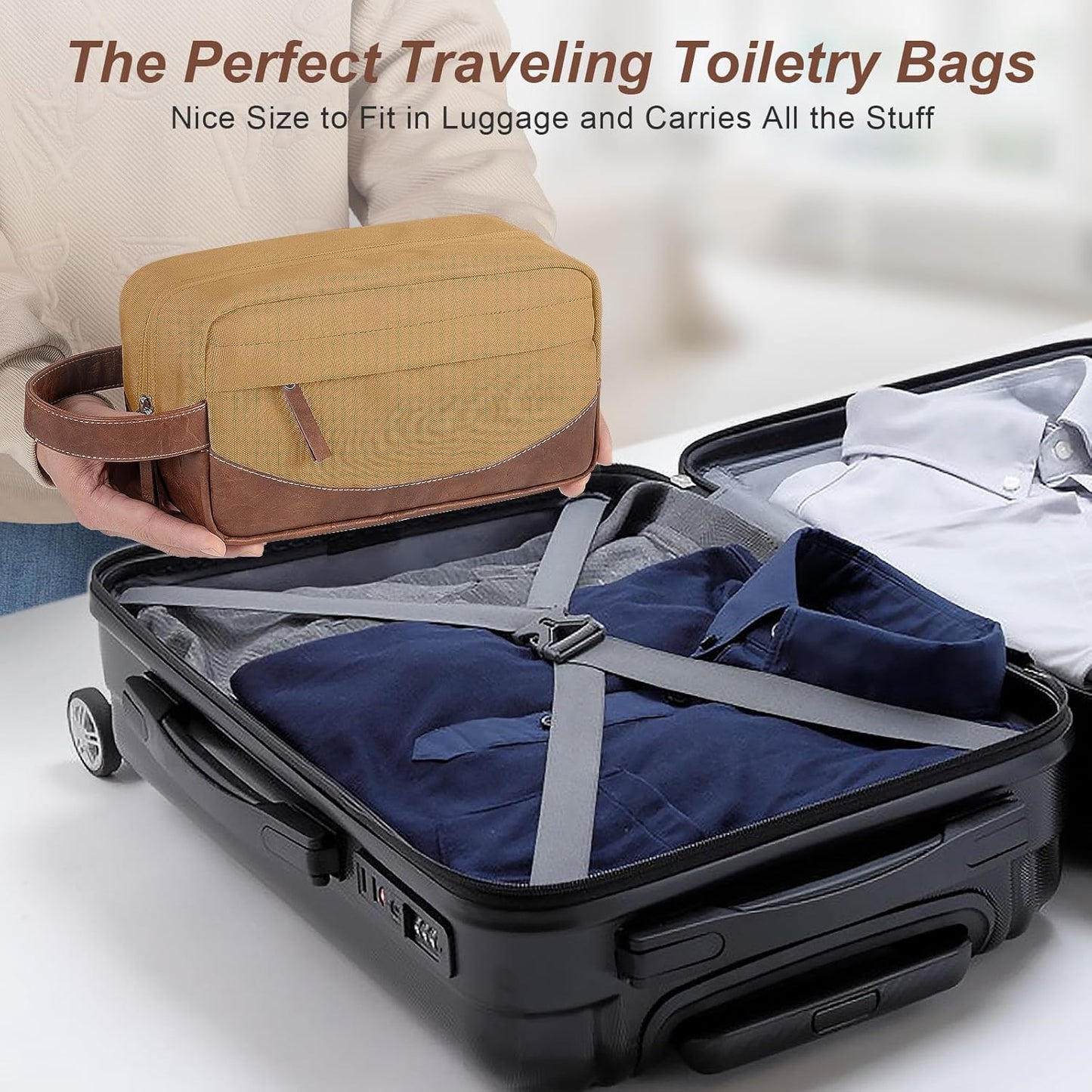 Travel Toiletry Bag for Men, Hanging Toiletry Organizer, Water Resistant Shaving Kit with Large Capacity for Travel Accessories (Brown, Medium)