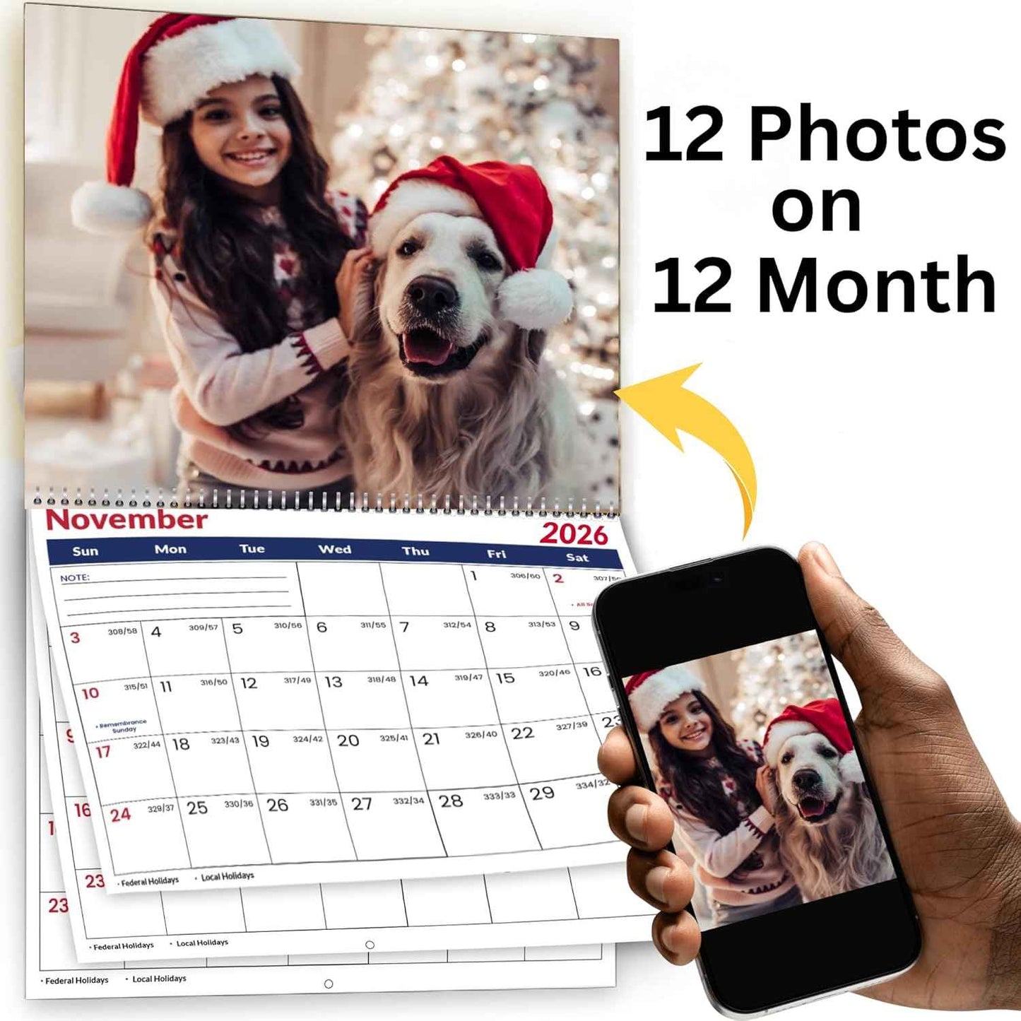 Custom Photo Wall Calendar 2026 for Home & Office - Print Your 13 Memories & Make Your Own Personalized Calendar 2026 - Customized Christmas Gift
