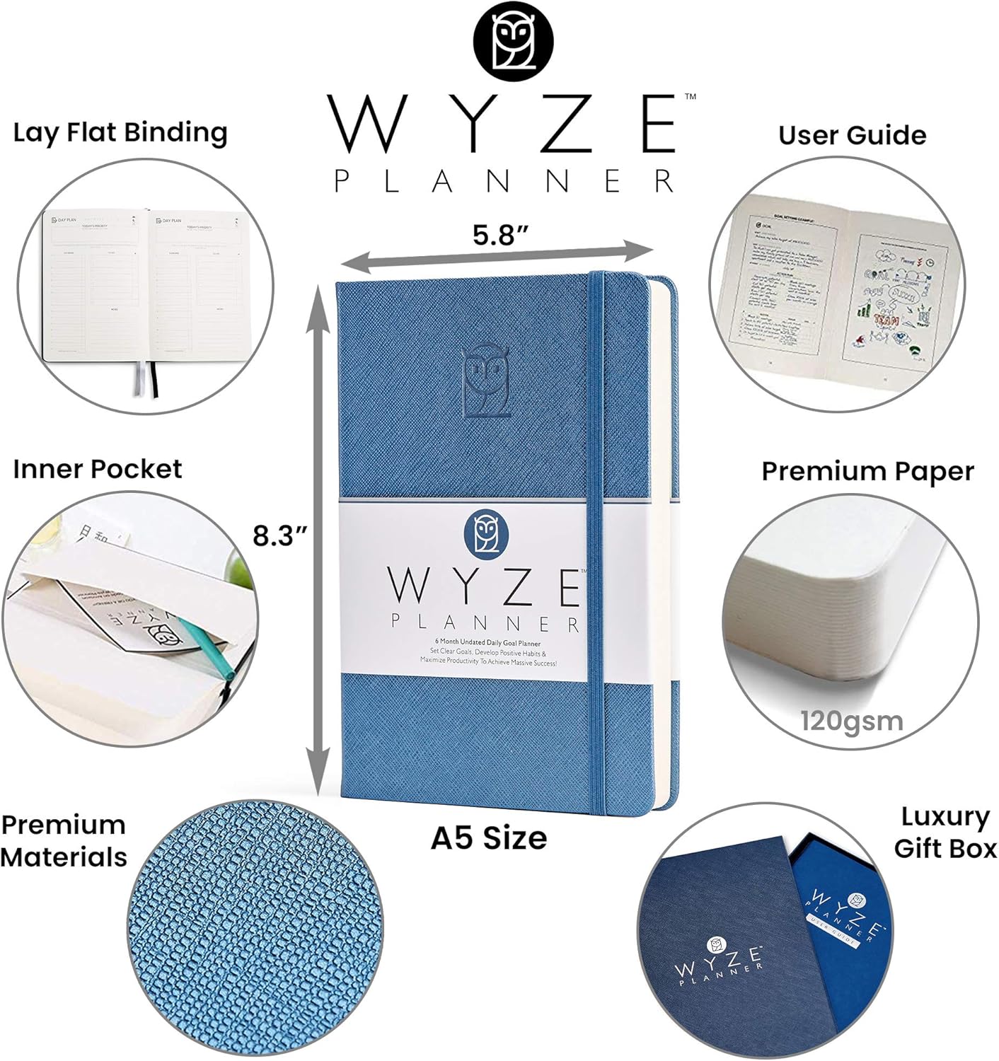 Undated Daily Planner – 6-Month A5 Productivity Organizer with Full Page Per Day, Hourly Schedule, Goal Setting, Habit Tracker, Weekly & Monthly Pages – Hardcover Time Management Notebook (Blue)
