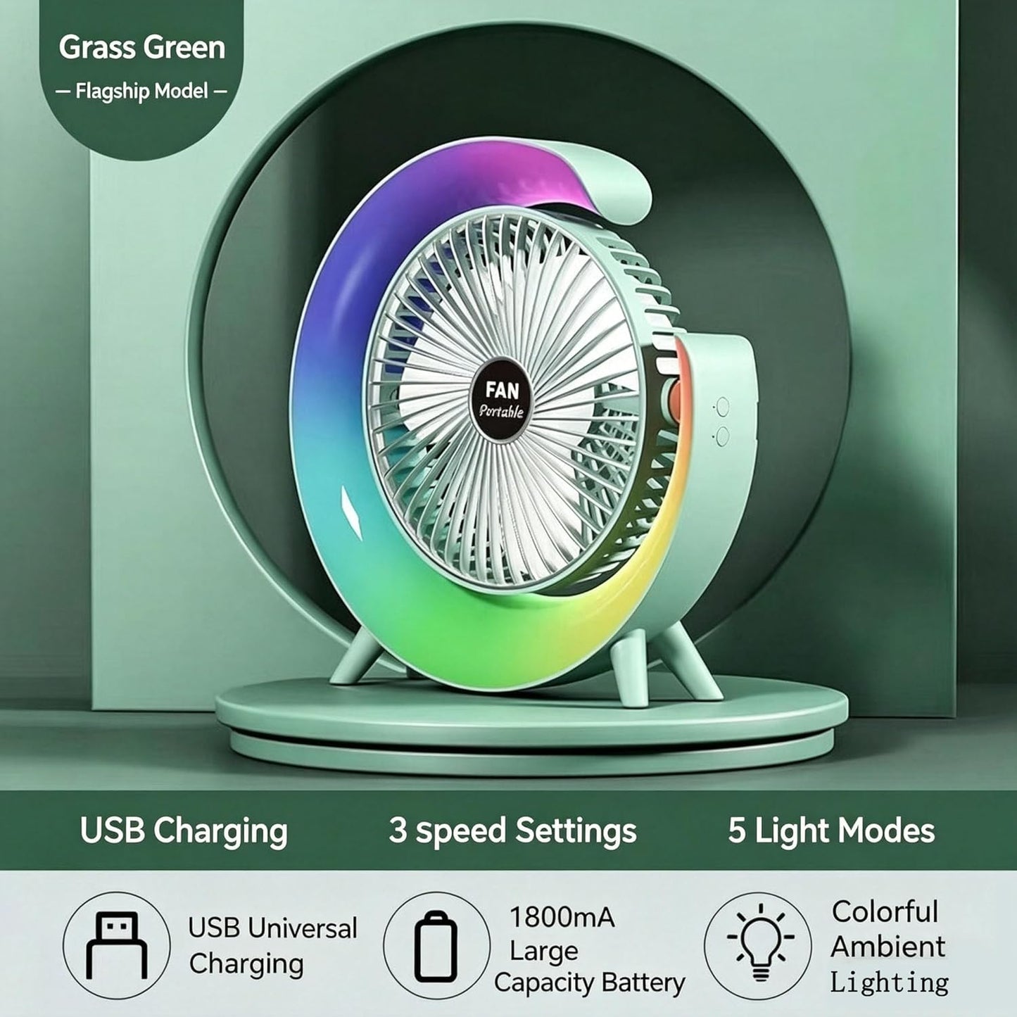 Small Quiet Desk Fan Rechargeable, Portable USB Table Fan with 5 Light Modes, 3-Speed 180° Rotation, Mini Desktop Personal Cooling Fans For Office Bedroom Kitchen Camping Dorm, Green-B