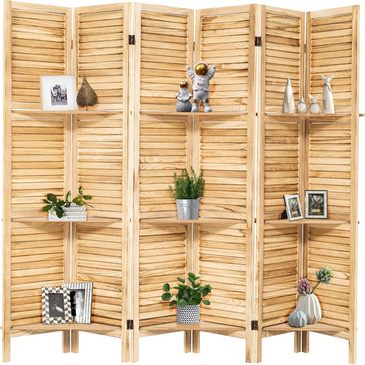 NicBex 6 Panel Room Divider,5.6FT Wood Carved Room Dividers with Display Shelves Folding Privacy Screens Portable Freestanding Partition Wall Dividers for Room Separation, Bedroom Office,Natural Wood - Lumora Desk