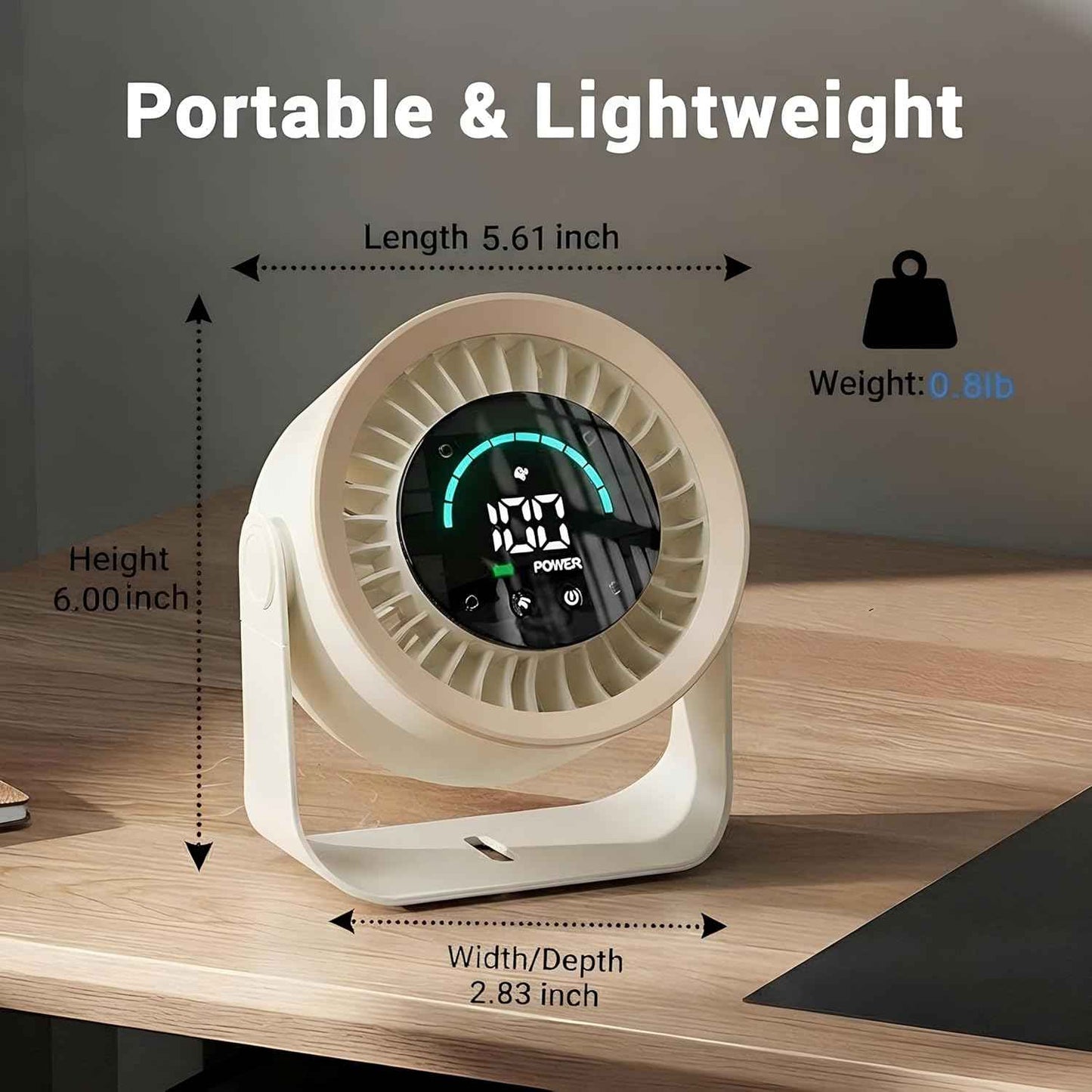 Mini Desk Fan, Small USB Rechargeable Quiet Desktop Fan, Cooling Table Electric Fan with LED Digital Display, 360°Adjustable Tilt for Bedroom, Office & Home (Khaki)