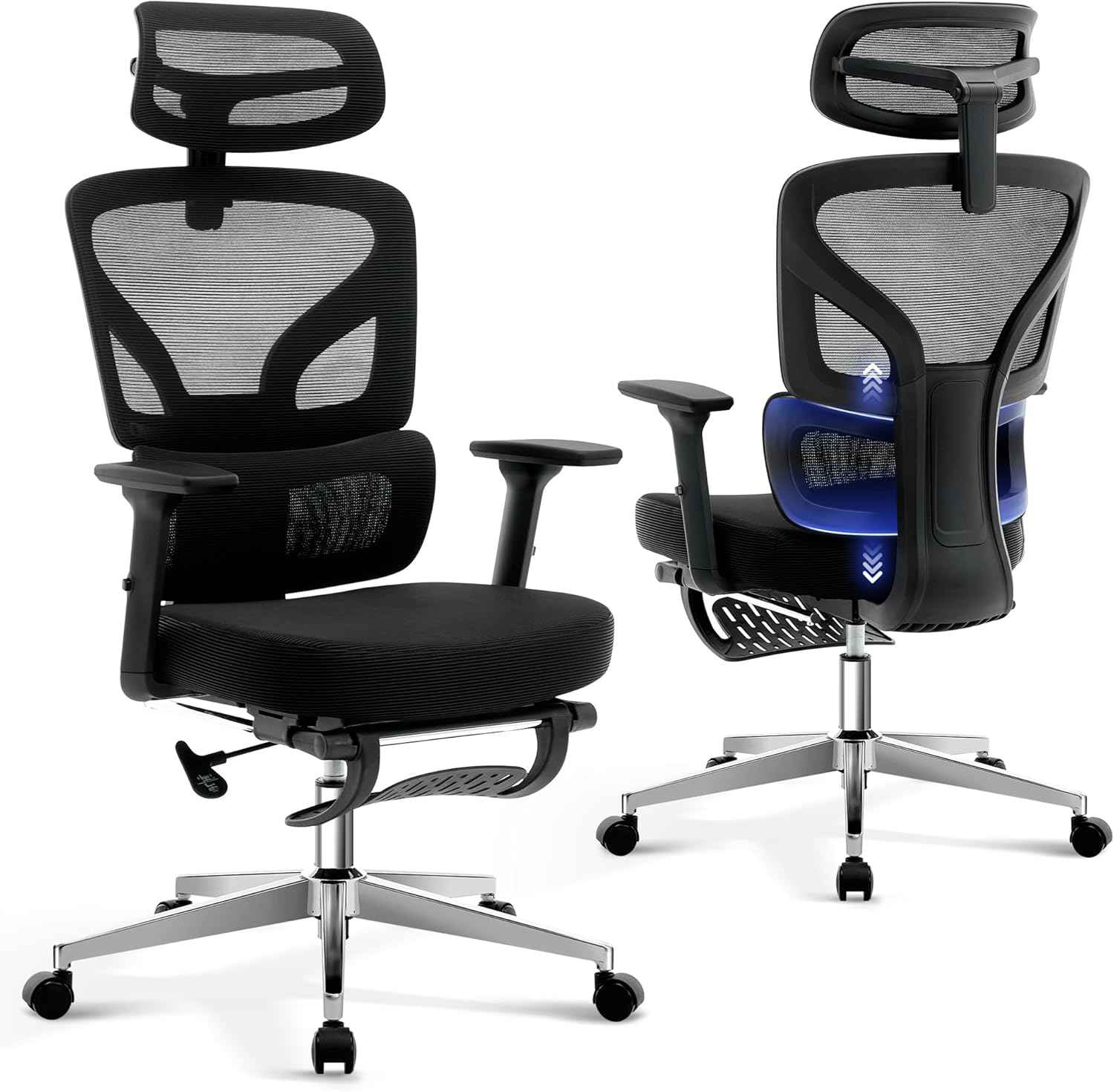 Office Chair Ergonomic Desk Chair - Home Mesh Chair with Adjustable Footrest Lumbar Support, High-Back Computer Gaming Chair with Headrest 3D Armrests, Rolling Swivel Task Chairs for Home, Office