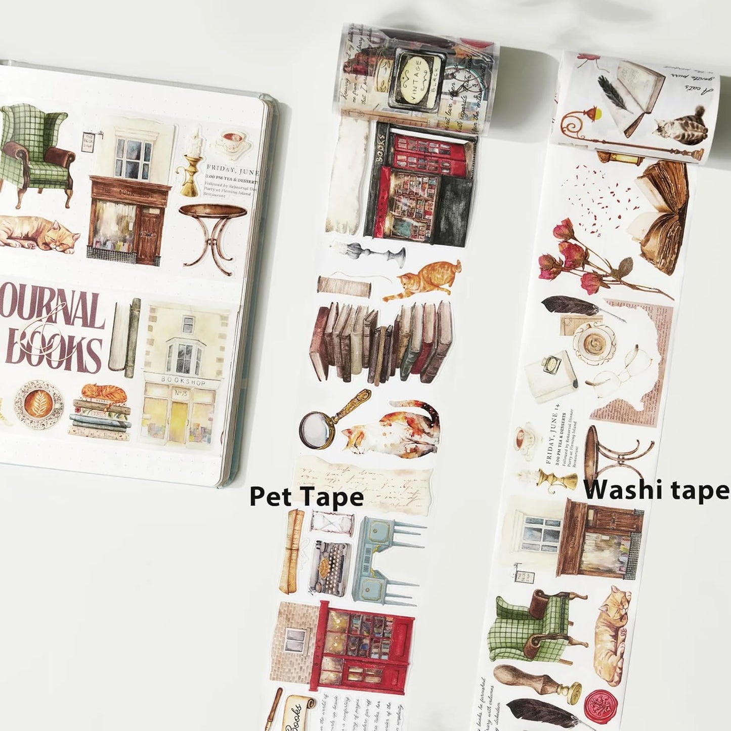 WT Pre-Cut Cats and Books Wide Washi Tape, One Roll 5 Meters, Decorative Cute Washi Tape for Bible Journaling, Bullet Journal Supplies,Scrapbooking Supplies,Planners, Party Decorations