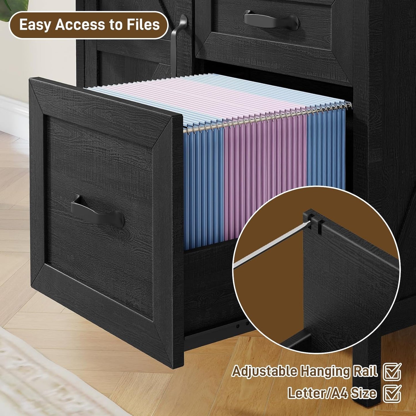 Befrases Farmhouse Lateral Filing Cabinet, Lateral File Cabinet with 3 Drawers and Storage Cabinet, Wooden Printer Stand with File Drawer for Letter/A4 Size Hanging File for Home Office, Rustic Black