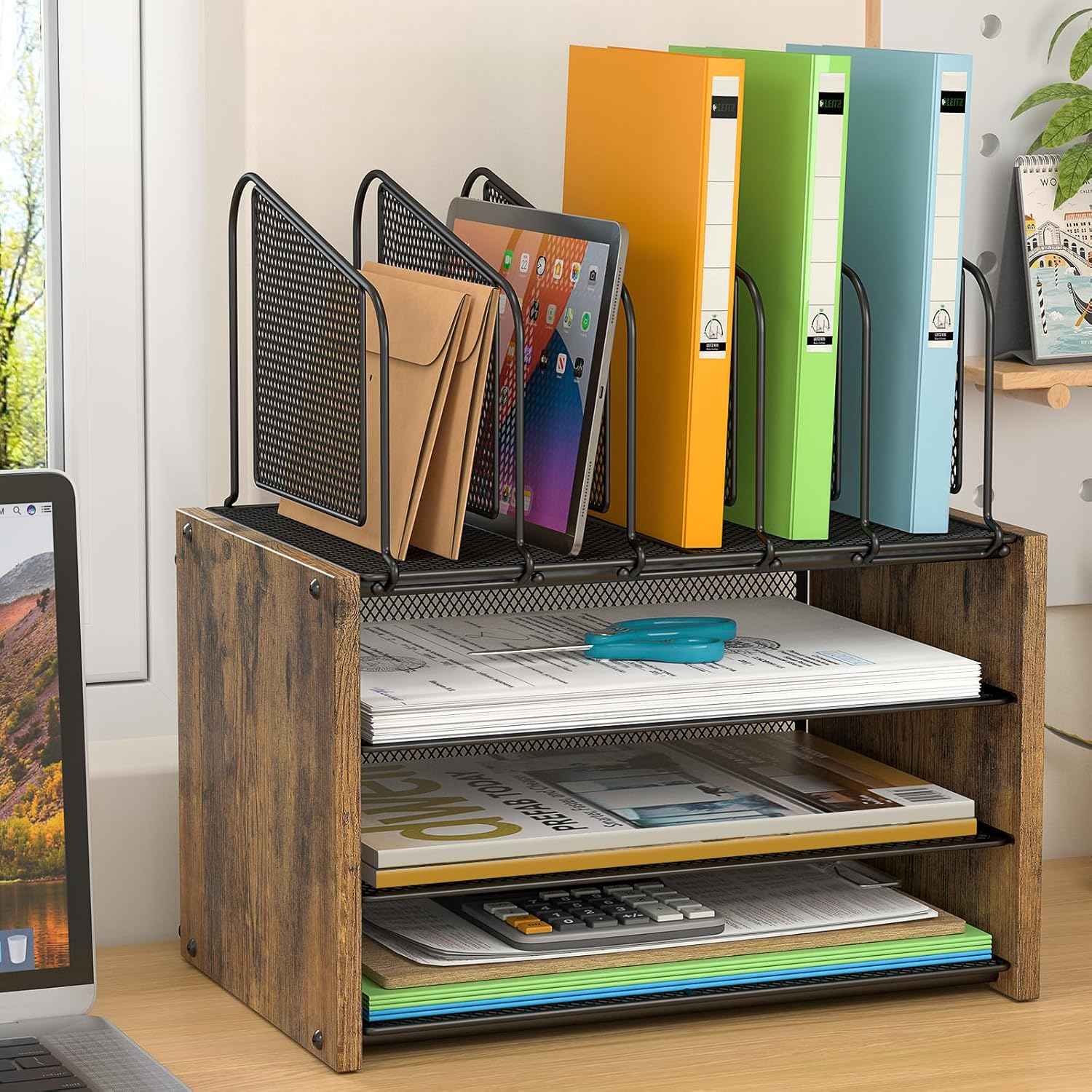 4-Tier Desk Organizer, Desk File Organizer with 5 Vertical File Holders, Office Desktop Organizer with 3 Level Paper Organizer Letter Tray, Wooden Desk Organizers and Accessories for Home Office