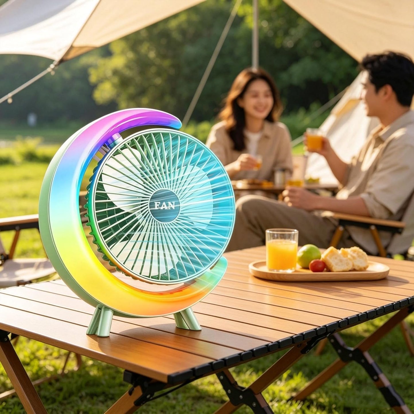 Small Quiet Desk Fan Rechargeable, Portable USB Table Fan with 5 Light Modes, 3-Speed 180° Rotation, Mini Desktop Personal Cooling Fans For Office Bedroom Kitchen Camping Dorm, Green-B
