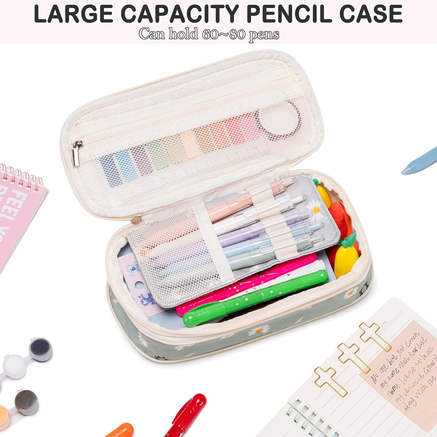 No Bleed Bible Highlighter Pen Set Study Supplies for Women - Pencil Pouch,12 Highlighters with 75 Tabs, 16 Gel Pens ( Black & Color Ink ) Notebook - Bible Journaling Catholic Christian Gift, Green