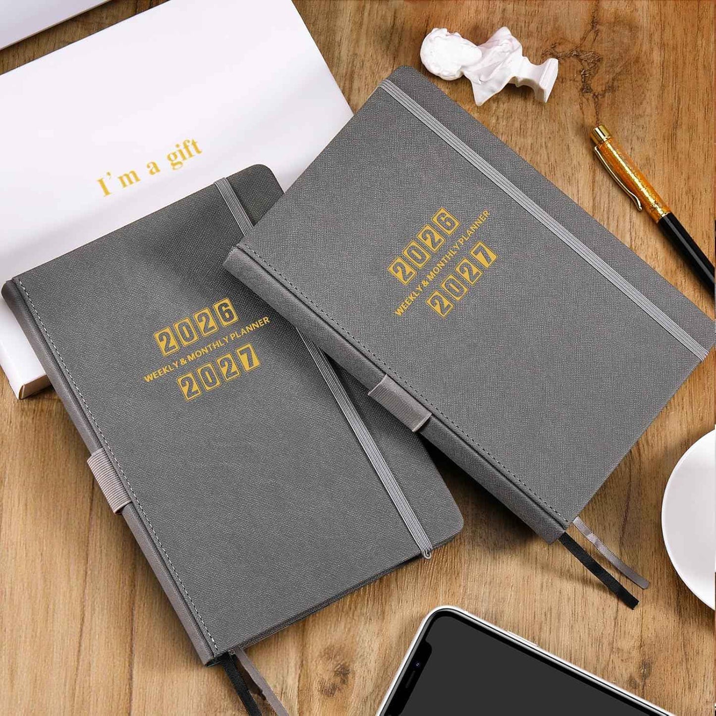 Planner 2026-2027 - 2026-2027 Planner Weekly and Monthly, Jul. 2026 - Jun. 2027, 5.75" x 8.25", Leather Planners with Thick Paper, Hardcover, Pen Loop, Back Pocket with Notes Pages - Grey
