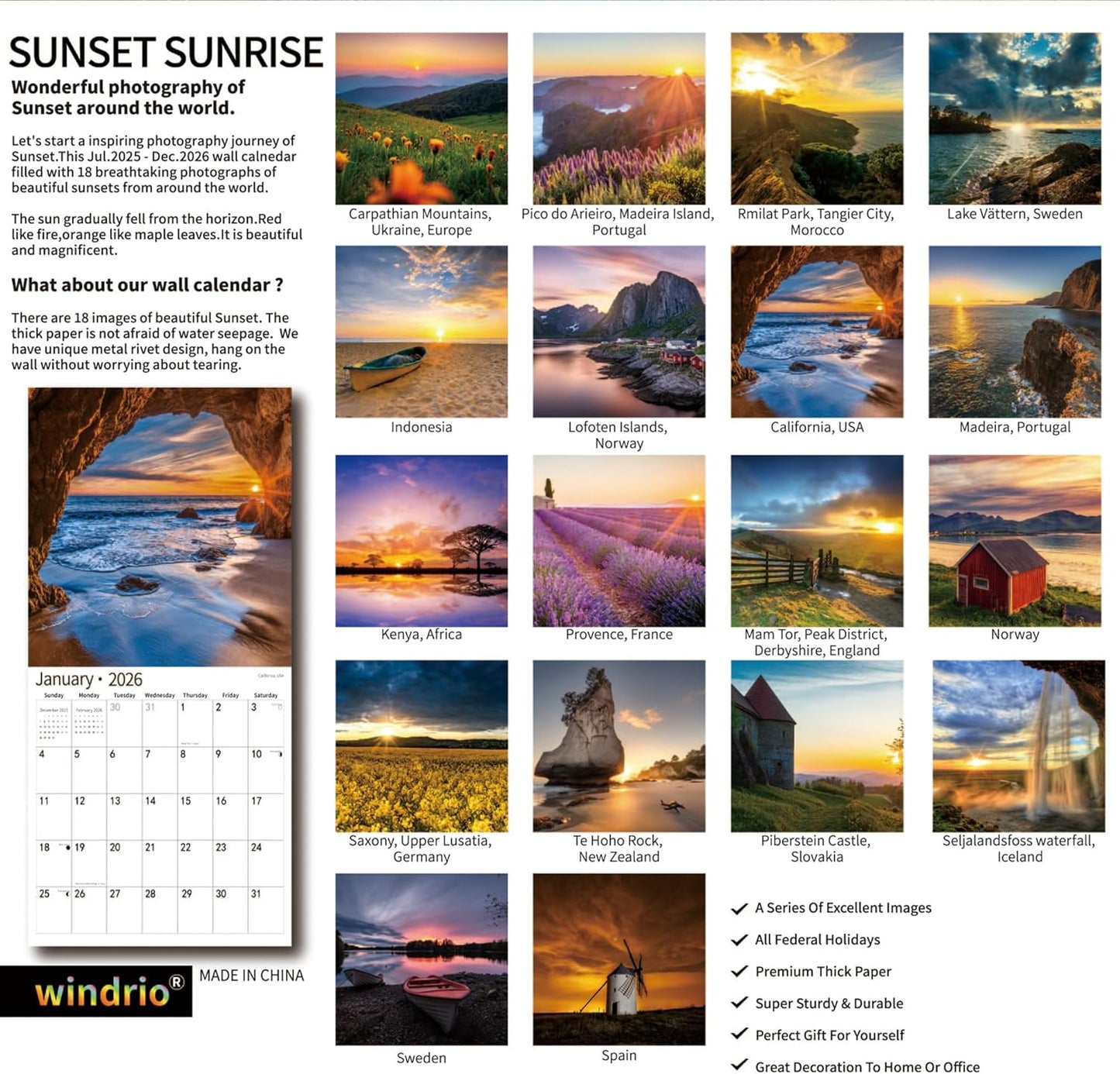 2026 Wall Calendar,Calendar 2026, July 2025 - December 2026, Wall Calendar Sunset, 12" x 24" Opened,Full Page Months Thick & Sturdy Paper for Calendar Organizing & Planning