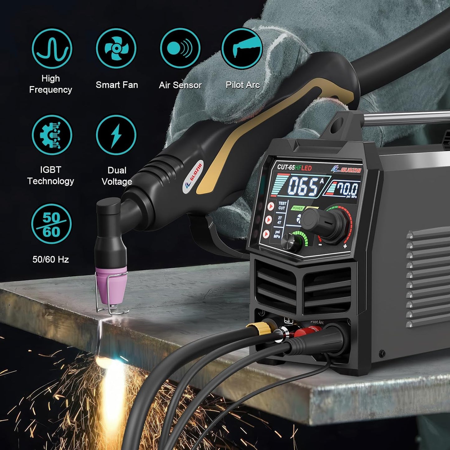 GZ GUOZHI Plasma Cutter 65Amp High Frequency Non-Touch Arc Digital Screen Display DC Inverter 110/220V Dual Voltage Blowback Plasma Cutting Machine CUT-65HFLED