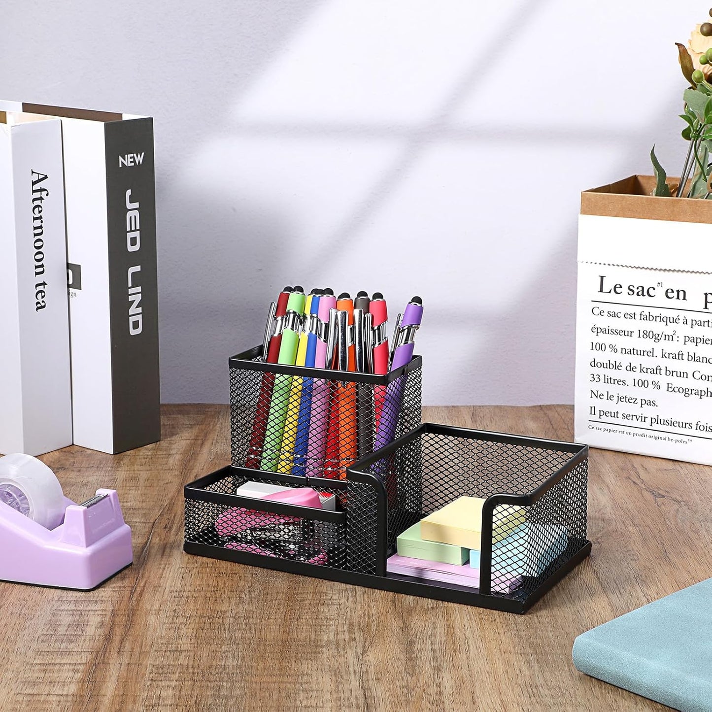 Mesh Pen Pencil Holder Note Holders Desk Organizer, 3 Compartment Wire Desktop Pen Pencil Cup Caddy Office Supplies Accessories for Home Office School, Black(4 Pack)
