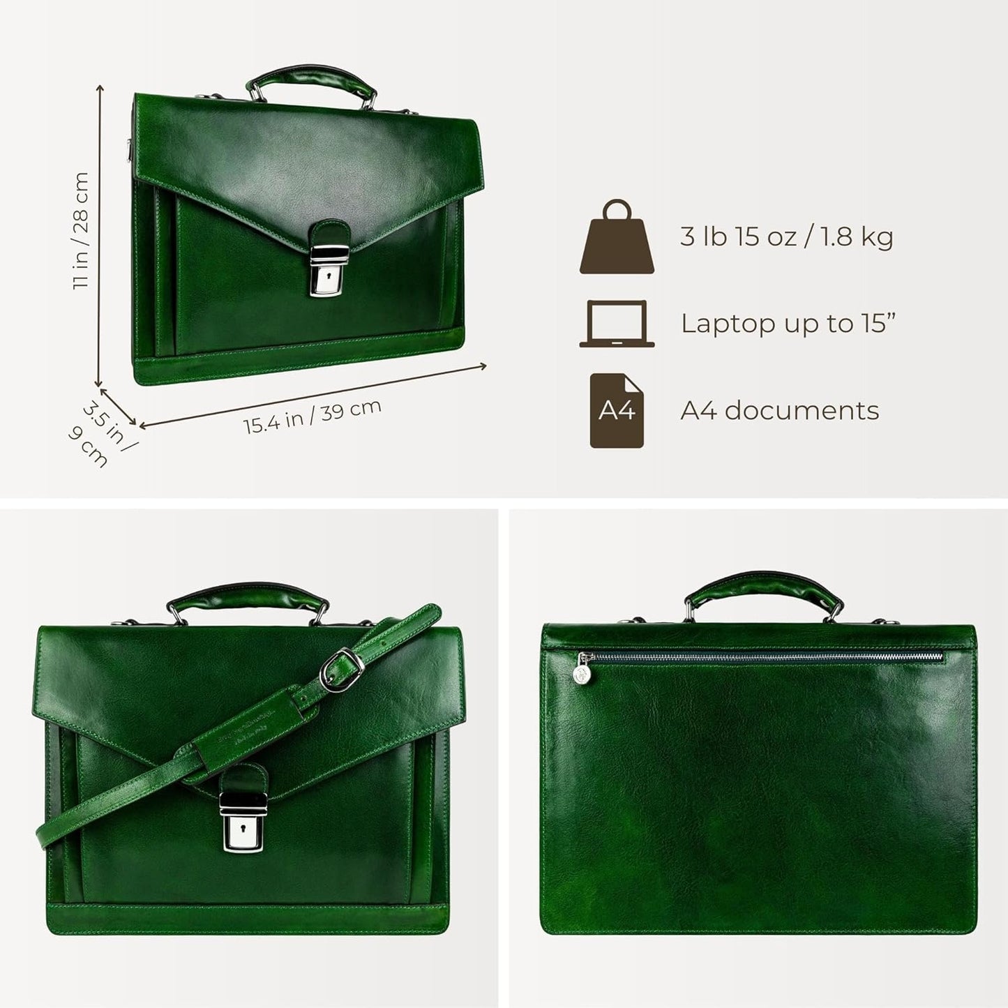 Time Resistance Leather Briefcase for Men - Business Laptop Bag - Italian Handmade Leather Bag - Attache - Gift Box Included