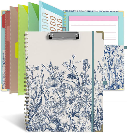 Foldable Clipboard Folio with Storage, 5 Plastic Folders with 10 Pockets,Refillable Lined Notepad (11" x 8.5"), Hardcover Project Organizer Nursing Teacher School Essentials(Blue Florals)