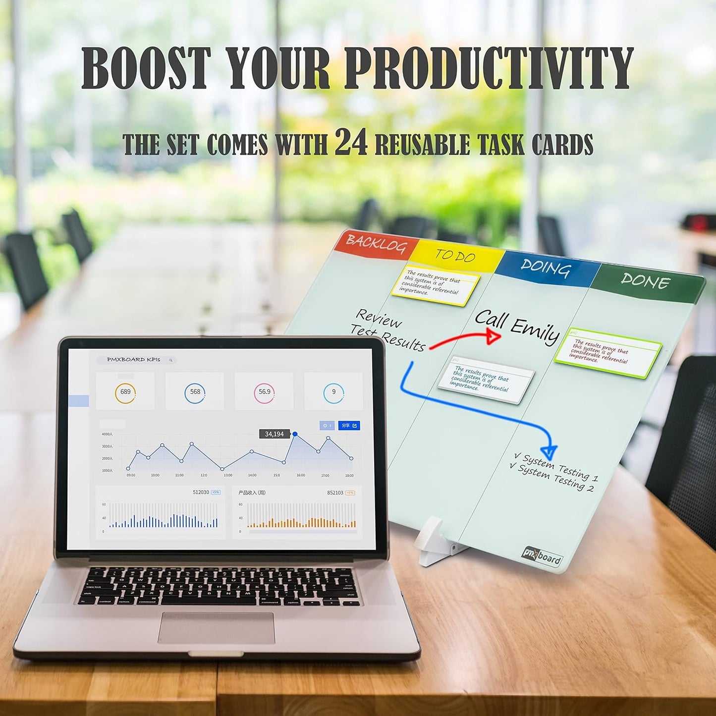 Double Sided Desktop WhiteBoard Kanban Set with Stand.18 x11,Dry Erase Glass Board, 24 Reusable Task Cards, 6 Markers, Accessories. Portable Project Management Planning Productivity WhiteBoard Kit