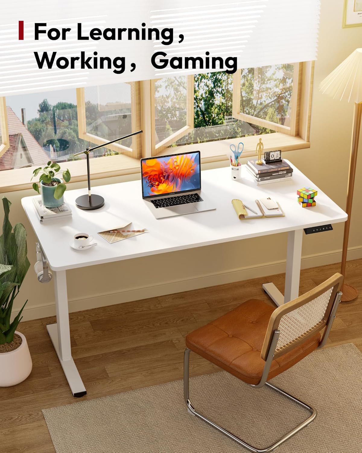 SANODESK Electric Standing Desk 60 x 24 Inches Whole-Piece Desktop Height Adjustable Stand Up Desk w/6-Button Controller Ergonomic Computer Desk for Home Office, White Frame + White Tabletop