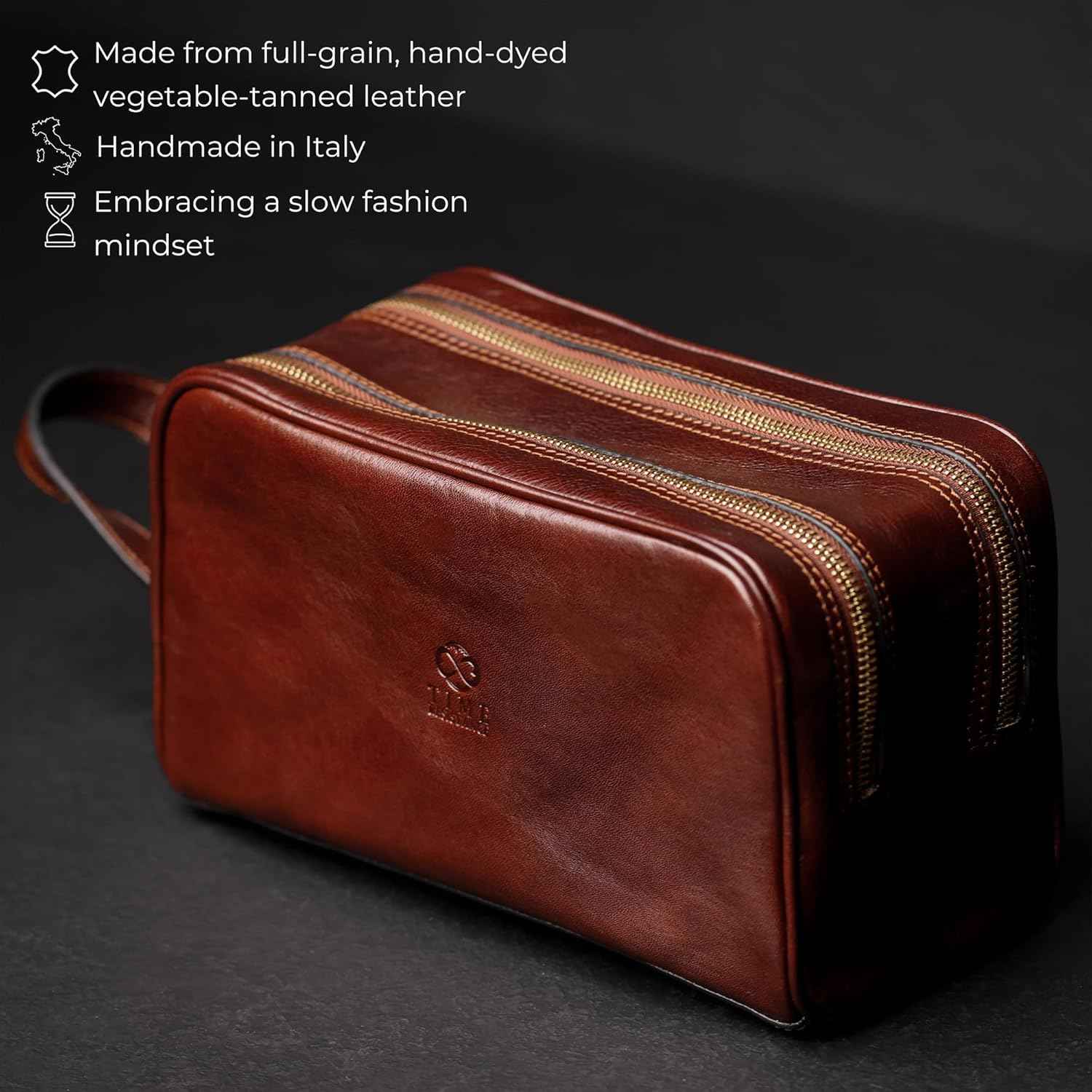 Time Resistance Leather Cosmetic Bag - Italian Toiletry Dopp Kit (Brown)