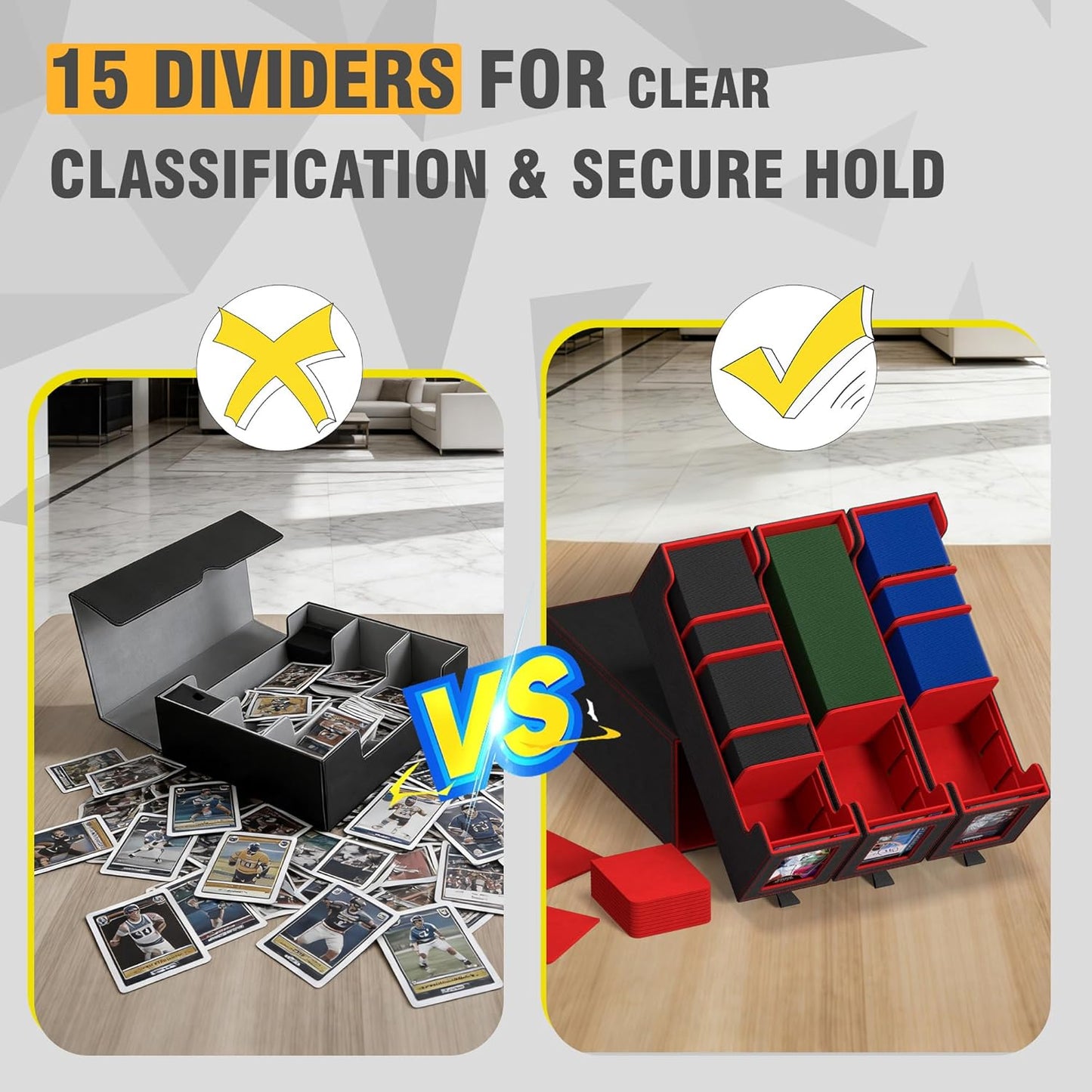 Trading Card Storage Box, 3-Row Slide-Pull Card Case with Stackable Design & 15 Dividers, Commander Display Card Organizer Holder for MTG, Pkmn, YuGiOh, TCG and Sports Cards, Holds 2500+ Cards (Red)