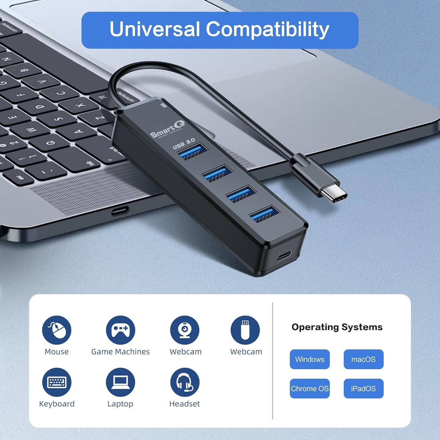 SmartQ H302 4-Port USB 3.0 Hub Long Cable 1ft 3ft with Micro-B Charging Port, Fast Data Transfer USB Hub, Compatible Windows PC, Mac, Surface Pro, Laptop, Printer (USB C - 0.5ft)
