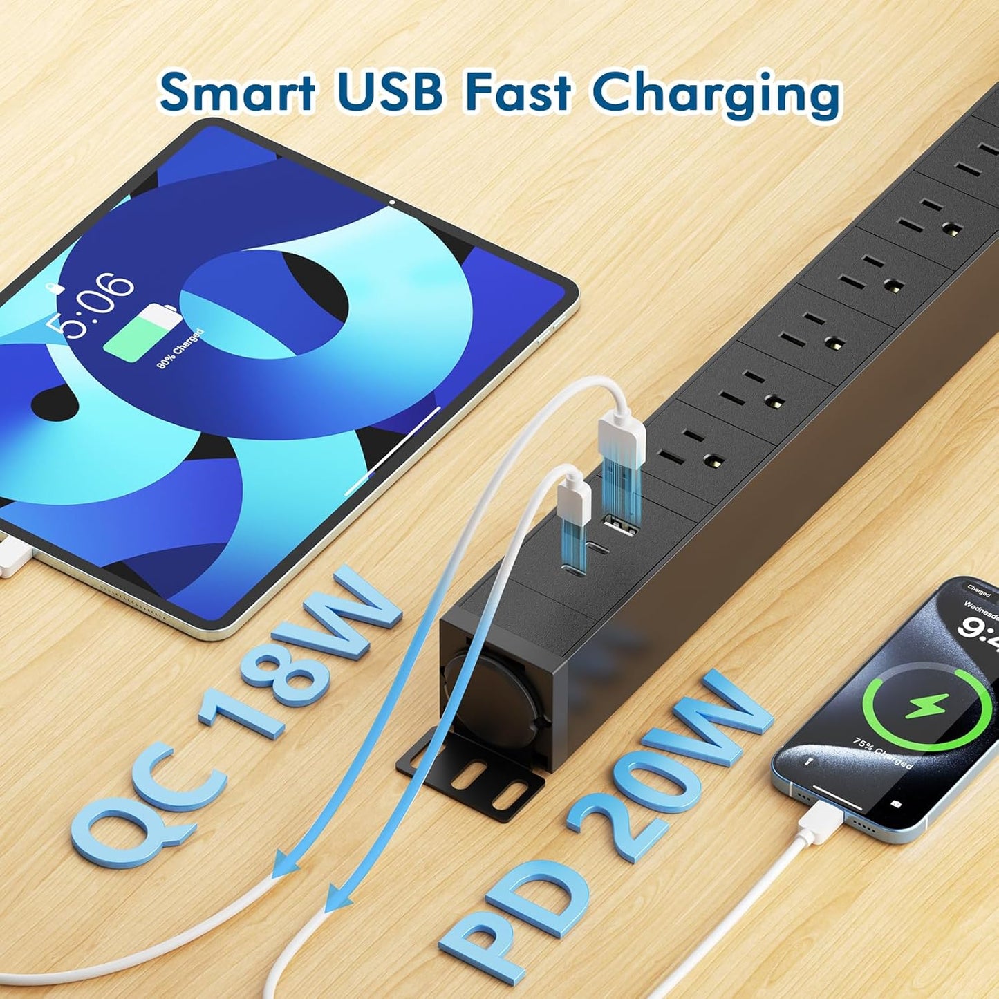 8 Outlet Metal Wall Mount Power Strip,360° Rotatable Mounting,PD 20W USB C Fast Charging,Surge Protector Powerstrip with 6FT Cords,15A 1875W, for Home Office Industrial Garage Commercial