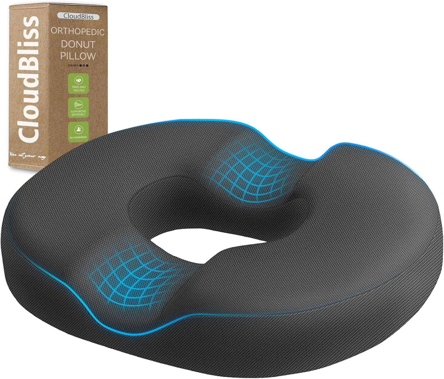 CloudBliss Donut Pillow Seat Cushion for Tailbone Pain Relief and Hemorrhoids, Memory Foam Chair Cushion for Postpartum Pregnancy, Seat Cushions for Men and Women for Home & Office, (Grey)