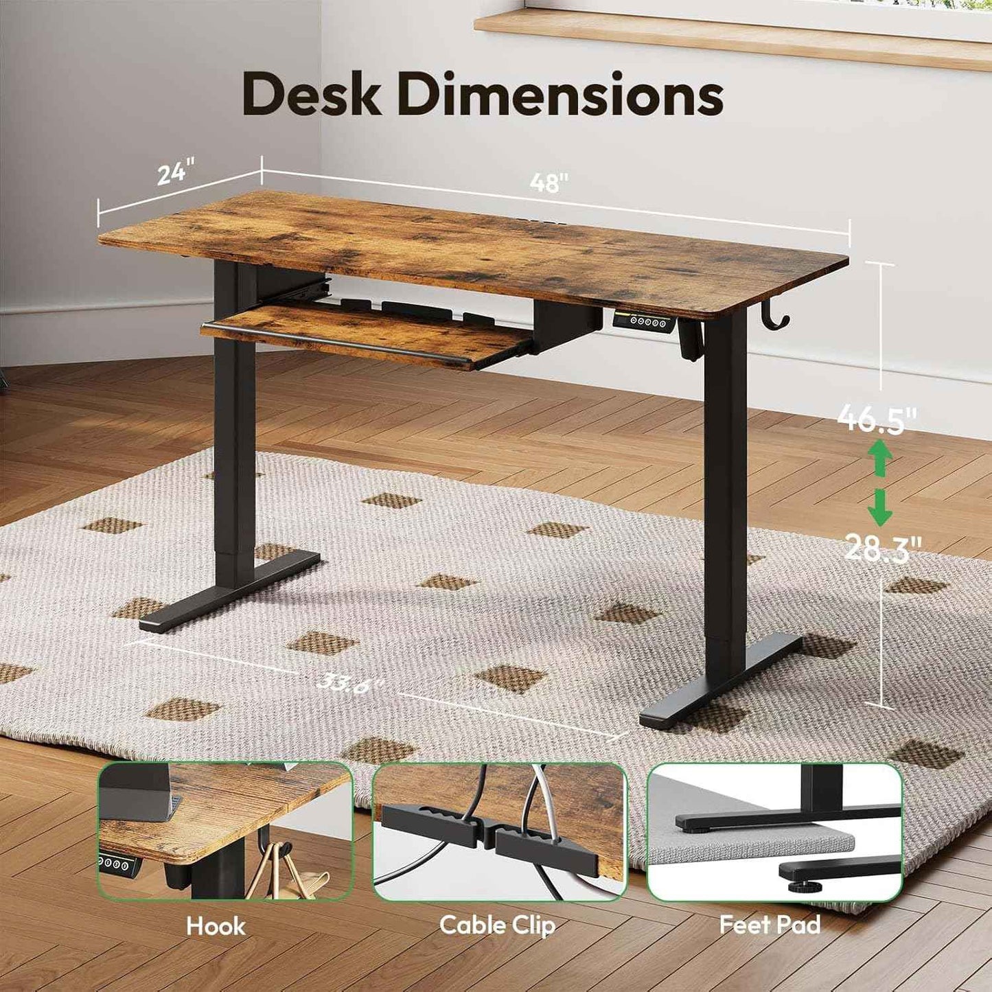 Electric Standing Desk with Keyboard Tray,48x24 inches Adjustable Height Stand Up Desk,3 Preset Heights,Equipped with Hooks,Raising Desks for Home Office and Computer Workstation,Black