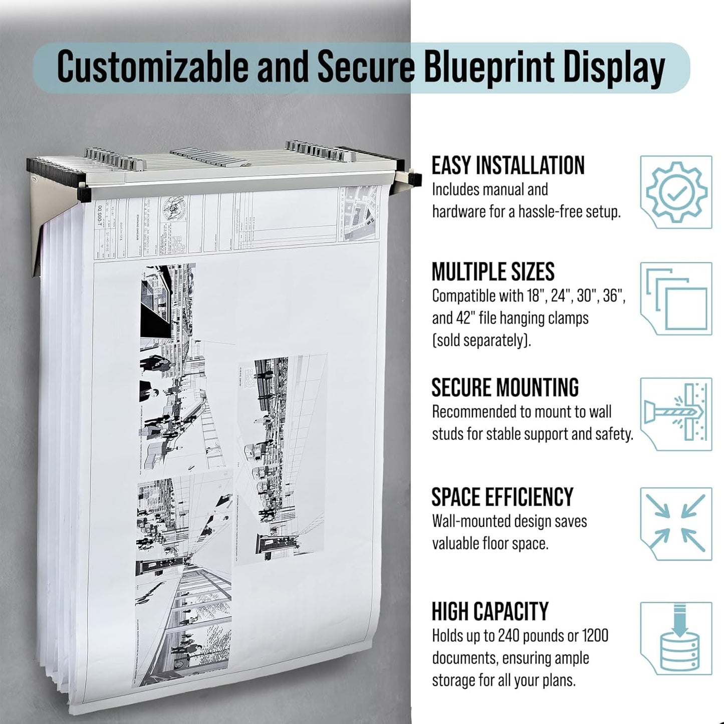 Adir Blueprint Wall Rack - Blueprint Plans Organizer and Construction Plan Holder - Poster Display and Map Rack for Office and Home (Without Blueprint Clamps)