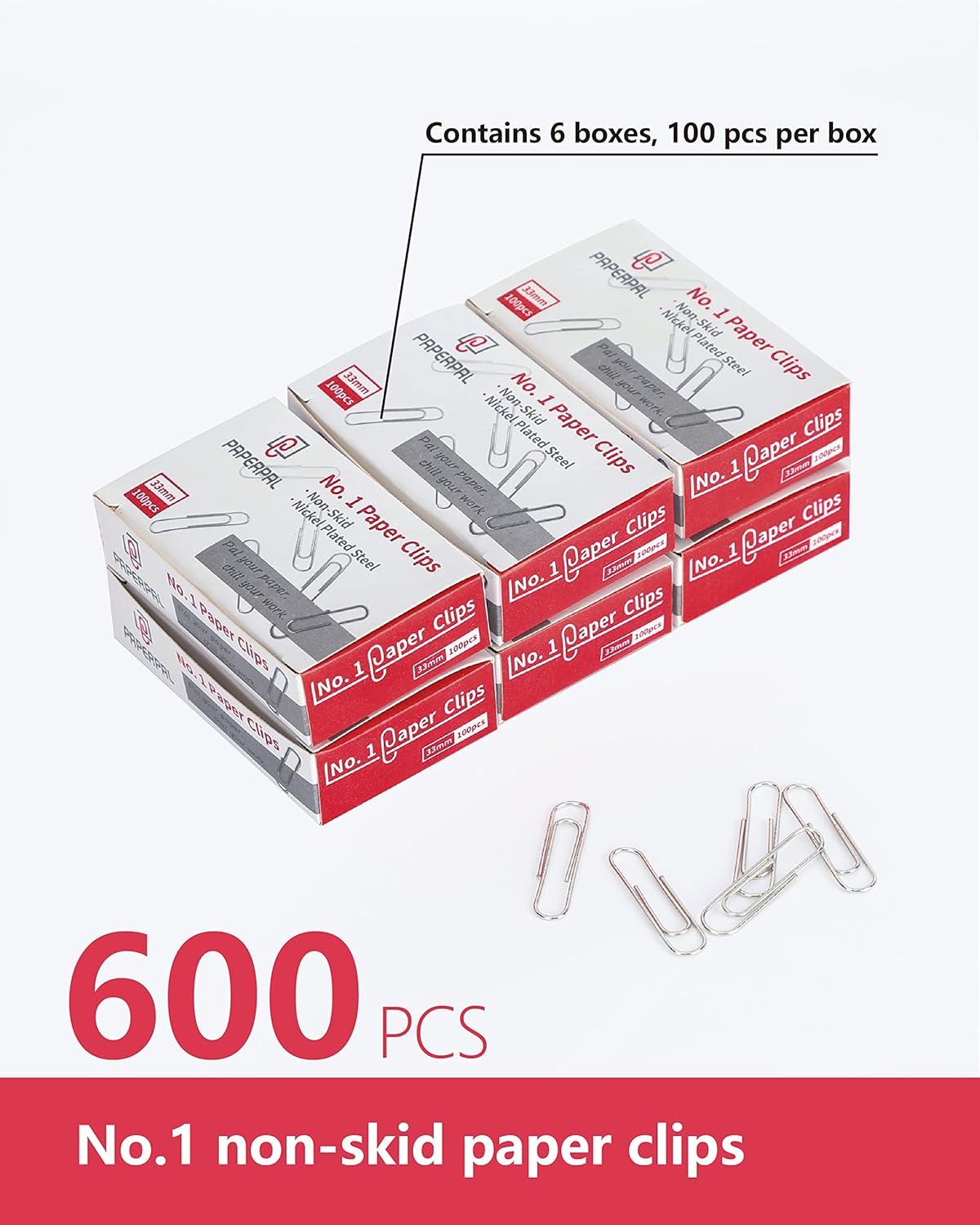 PAPERPAL Paperclips for Office School & Personal Use, #1 Nonskid Paper Clip (1-2/7"), 600 Medium Paper Clips (6 Boxes of 100 Each), Silver