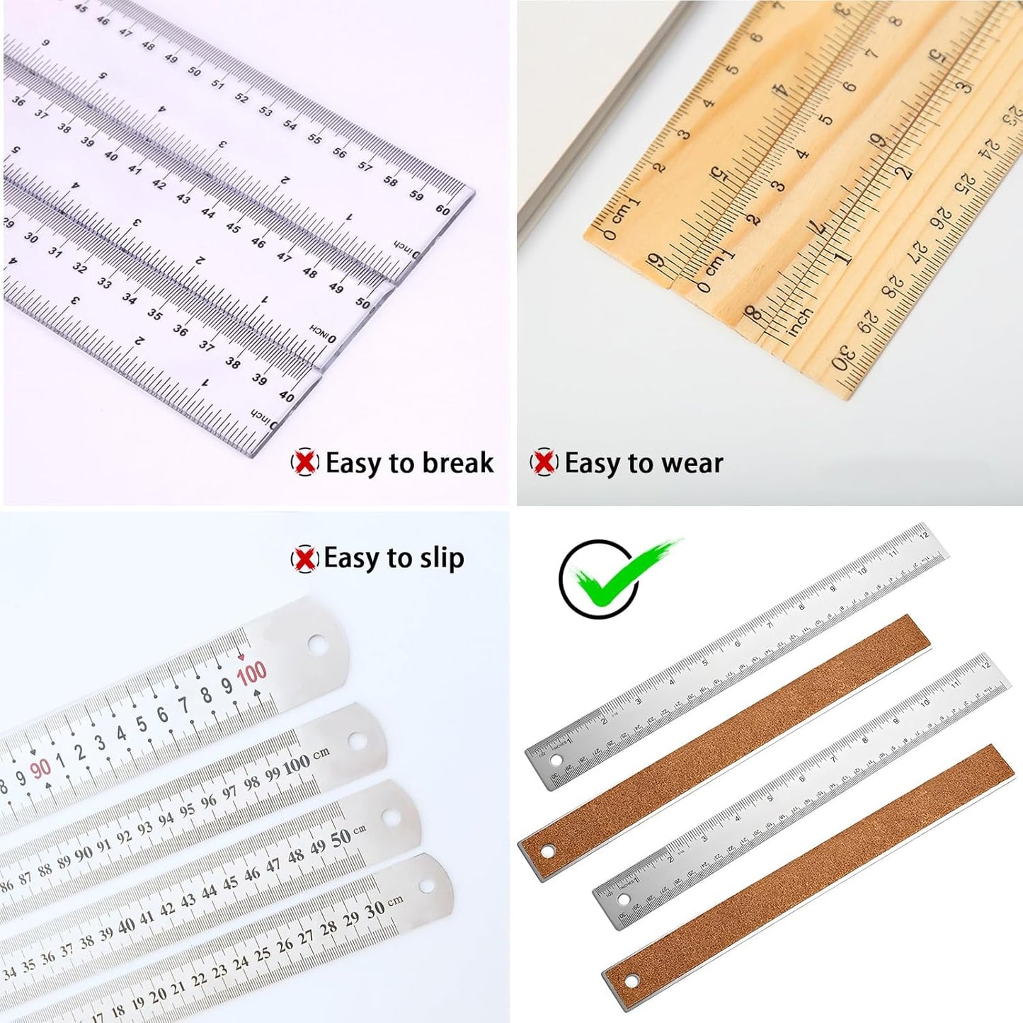 4Pcs 12 Inch Metal Ruler, Stainless Steel Rulers with Cork Backing, Imperial and Metric, Non-Slip Prevent Ink Leakage. for School, Office, Engineering, Drafting Tools