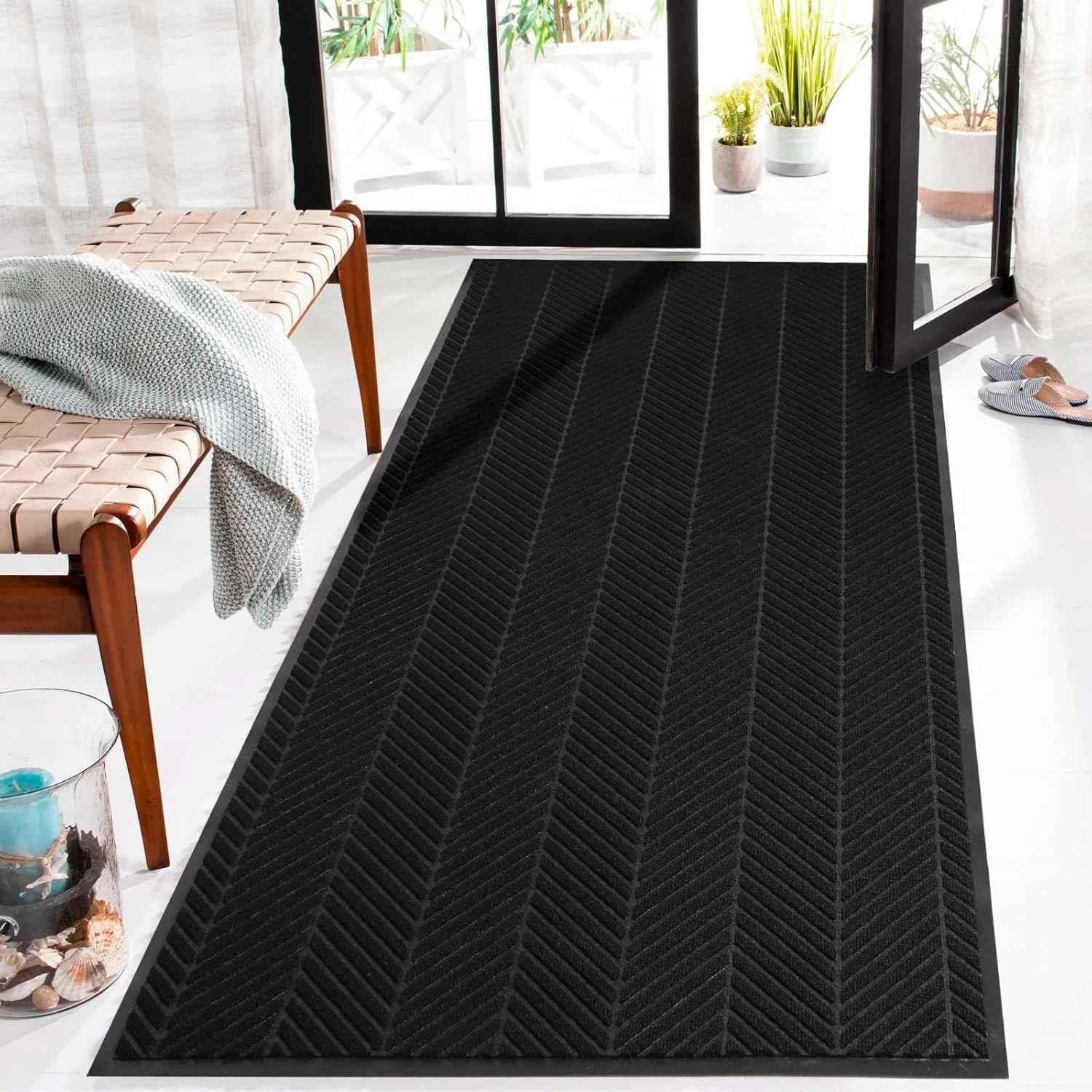 3′ x 10′ Front Door Mat Indoor Outdoor Entrance, Heavy Duty Non-Slip All Weather Commercial Floor Mat for Entryway, Trap Dirt Waterproof Vinyl Welcome Mat for High Traffic Area (Black)