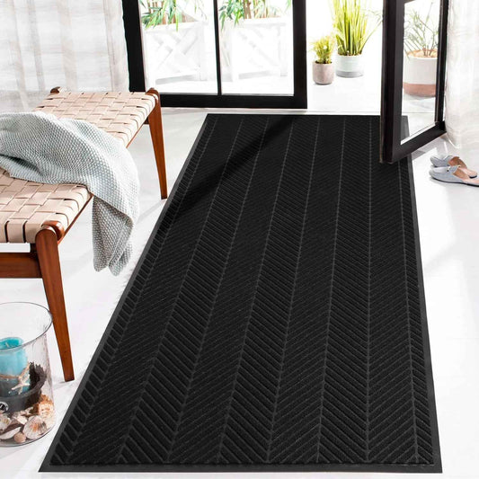 3′ x 10′ Front Door Mat Indoor Outdoor Entrance, Heavy Duty Non-Slip All Weather Commercial Floor Mat for Entryway, Trap Dirt Waterproof Vinyl Welcome Mat for High Traffic Area (Black)