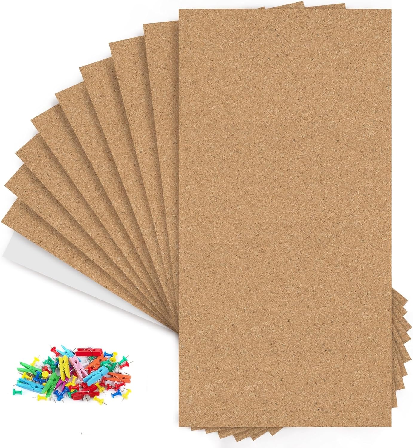 AKTOP Cork Board Bulletin Board 17"x8", 1/2" Thick Cork Board Tiles 10 Pack, Small Pin Board for Wall Decor, Self Adhesive Corkboards with 120 Push Pin Wood Clips for School, Home & Office - Lumora Desk