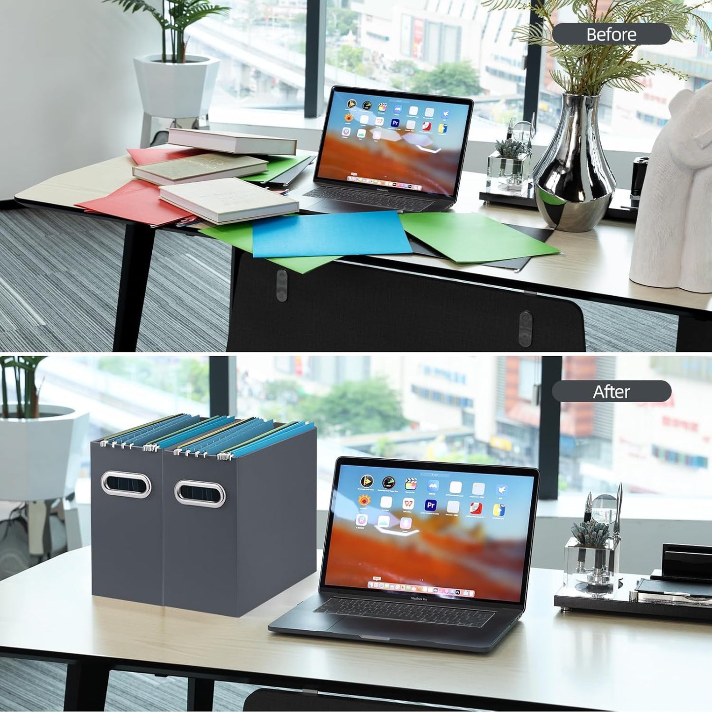 Oterri File Organizer, Small Storage Box, Cardboard File Folder Organizer, Collapsible File Box, Hanging File Organizer for Letter Size, Portable File Box with Handle, Only Box (Dark Grey,8 Packs)