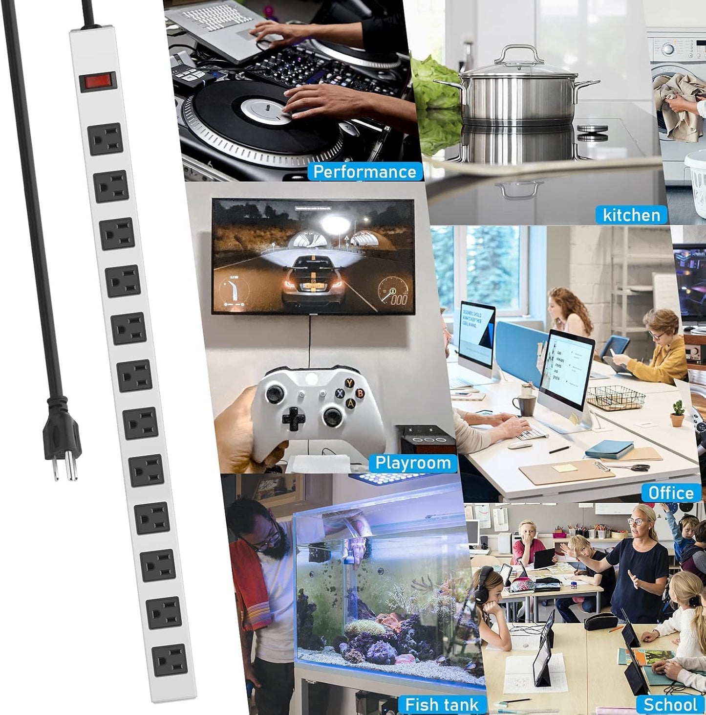 JUNNUJ Metal 12 Outlet Power Strip, Mountable Heavy Duty Power Strip, 1200J Surge Protector Wall Mount Screws Outlet with Switch, Gaming Desk Strips Wide Spaced 15A 125V 1875W, 3 FT 14AWG Power Cord