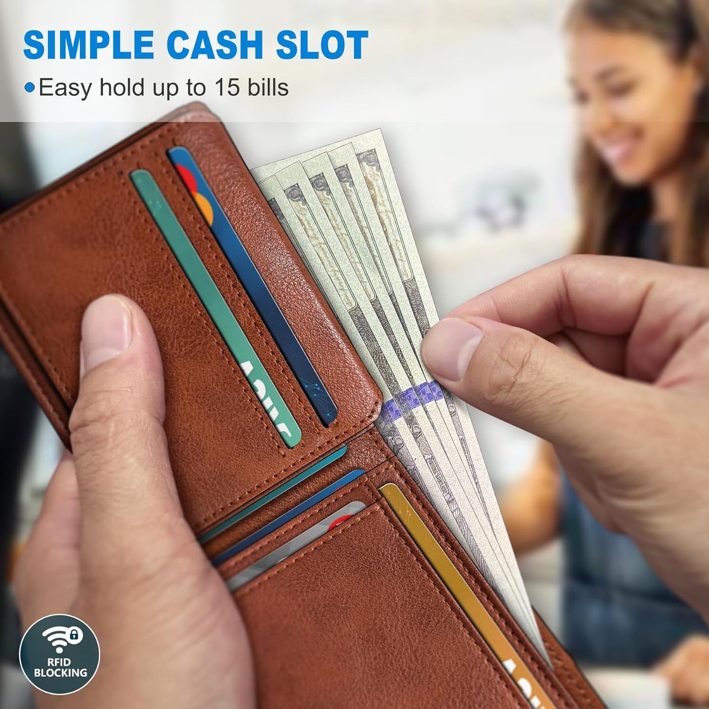Wallet for Men Wallet with Cash Pocket 2 ID Window 13 Cards,Slim Leather Wallet Front Pocket Card Holder RFID Blocking with Gift Box