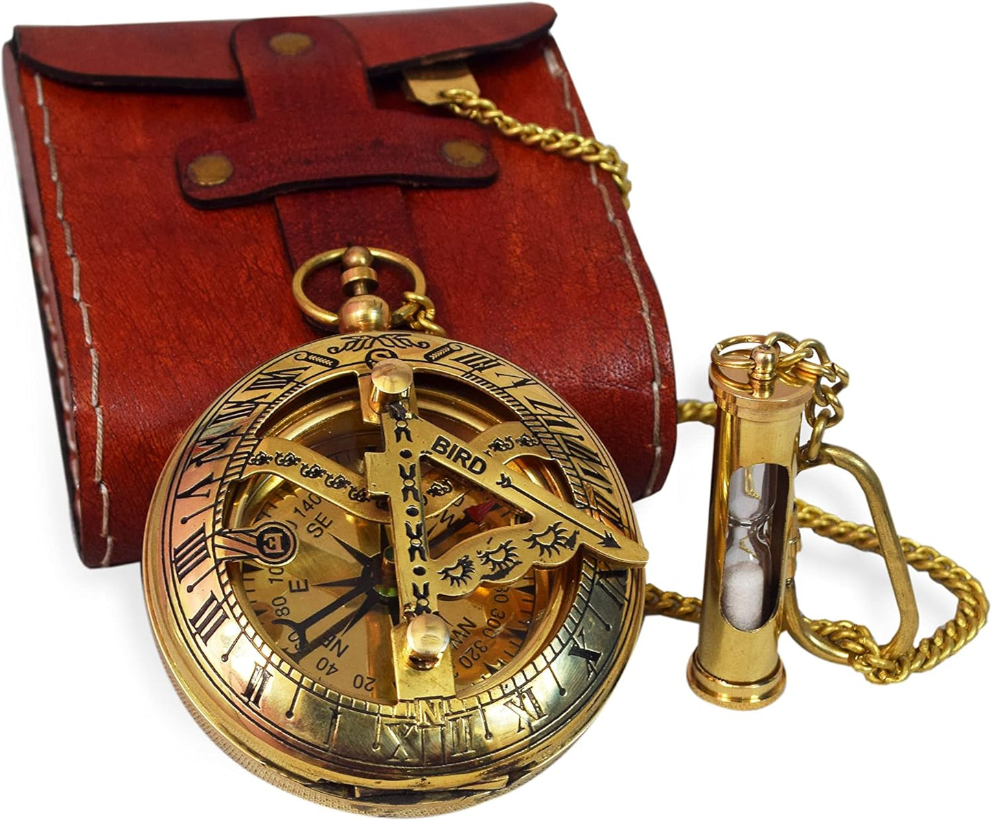 Vintage Brass Sundial Compass with Leather Case - Antique Brass & Copper Sun Clock for Camping, Hiking, Touring - Engraved Gift for Him - Nautical Ship Replica Watch - Sundial Clock in Box