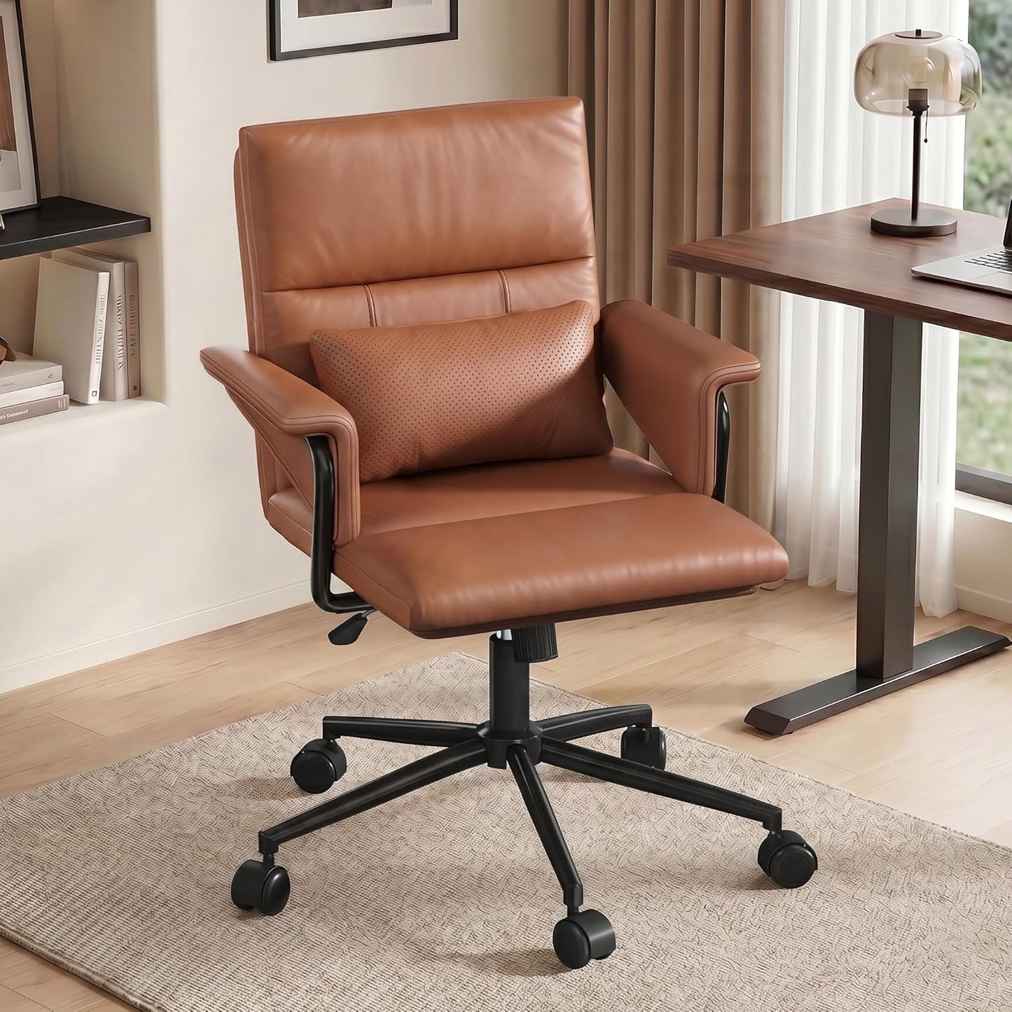 Leather Office Chair, Mid Back Ergonomic Desk Chair with Lumbar Support, Modern Computer Chair with Padded Armrest &Wheels, Height Adjustable Swivel Chair with Tilt Lock (Brown)