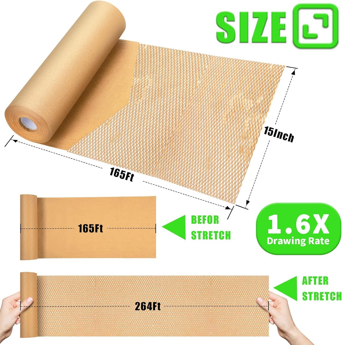 Honeycomb Packing Paper, MINHAO 15"x165' Eco Friendly Packing Paper for Moving Recyclable Honeycomb Paper Moving Supplies Bubble Paper Wrapping Protective Roll, With 36 Fragile Sticker Labels