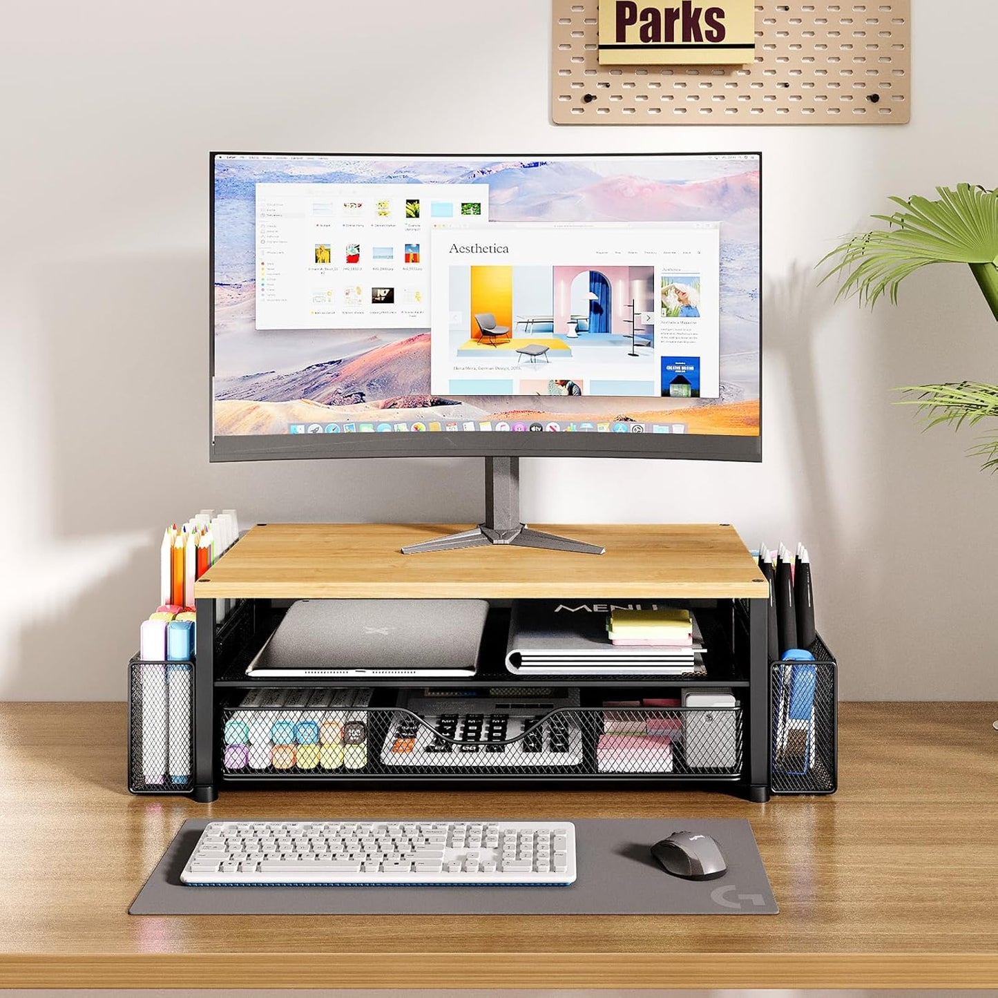 Desk Organizers and Accessories, 2-Tier Computer Monitor Stand with Drawer and 2 Pen Holders, Laptop Stand, Office Desk Accessories for Office Supplies, Oak