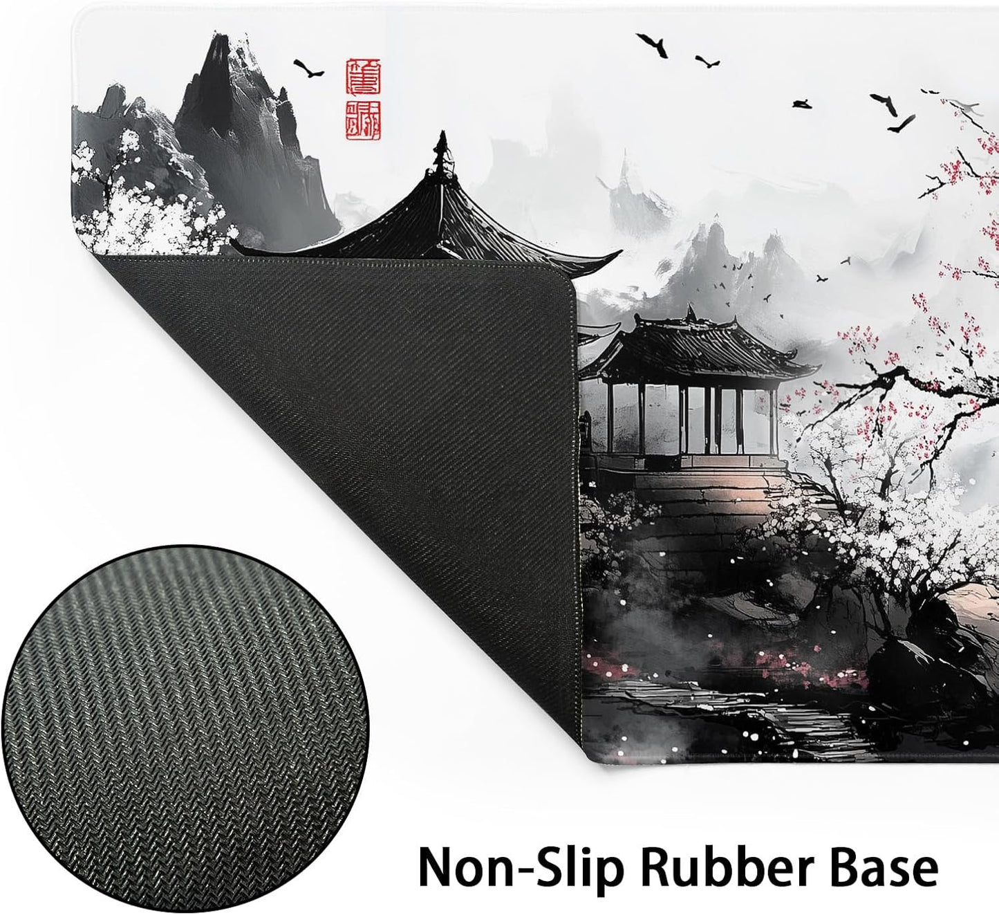Black Whtie Japanese Gaming Mouse Pad XL Anime Sakura Cherry Blossom Tree Extended Large Mat Mousepad Desk Pad Non-Slip Rubber Base Stitched Edge Long Keyboard Pad for Computer,31.5×11.8 Inch