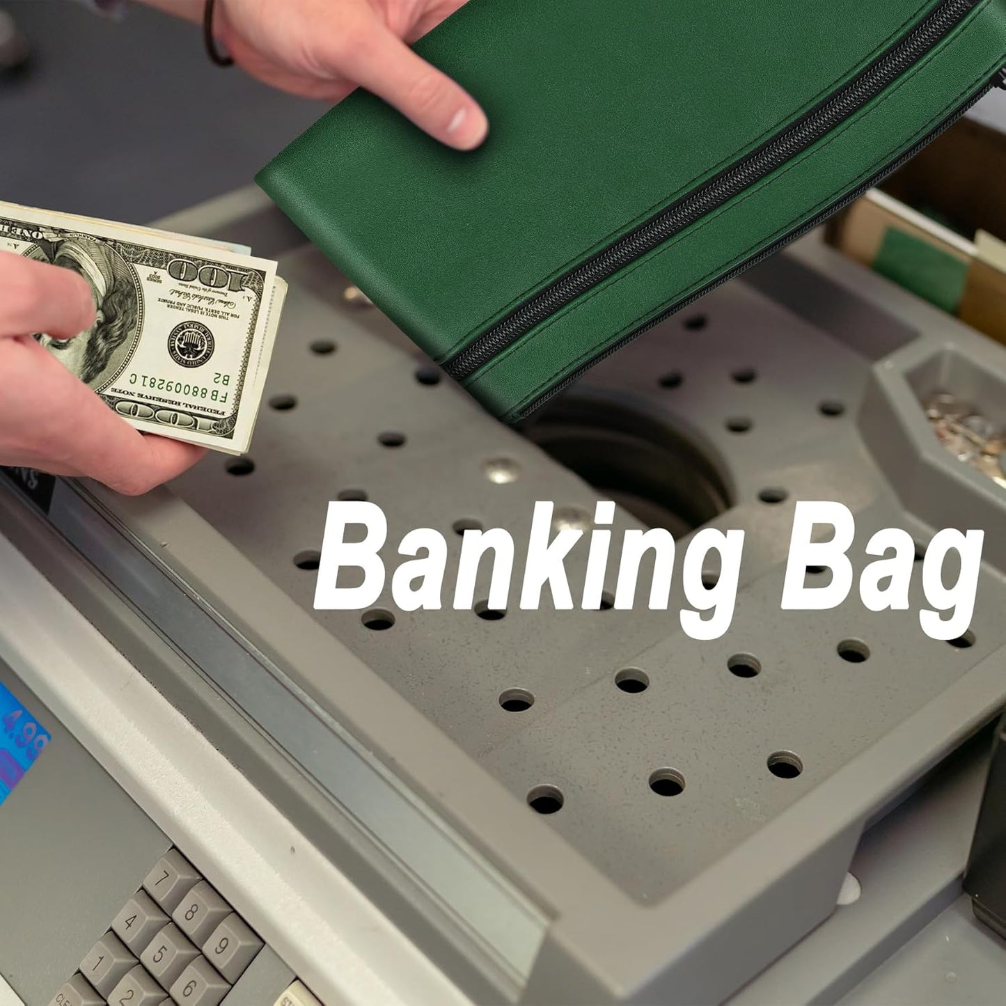 HAUTOCO Money Bag with Zipper 11x6.1 inch Money Pouch with Lined PU Leather Bank Bag Two Pockets Utility Wallet for Cash Check Receipt Coins Cosmetics, Deep Green